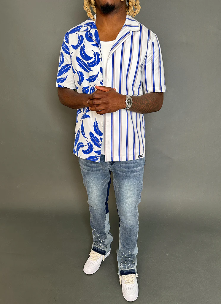 Feather Open Collar Shirt - White/Blue - Image 7