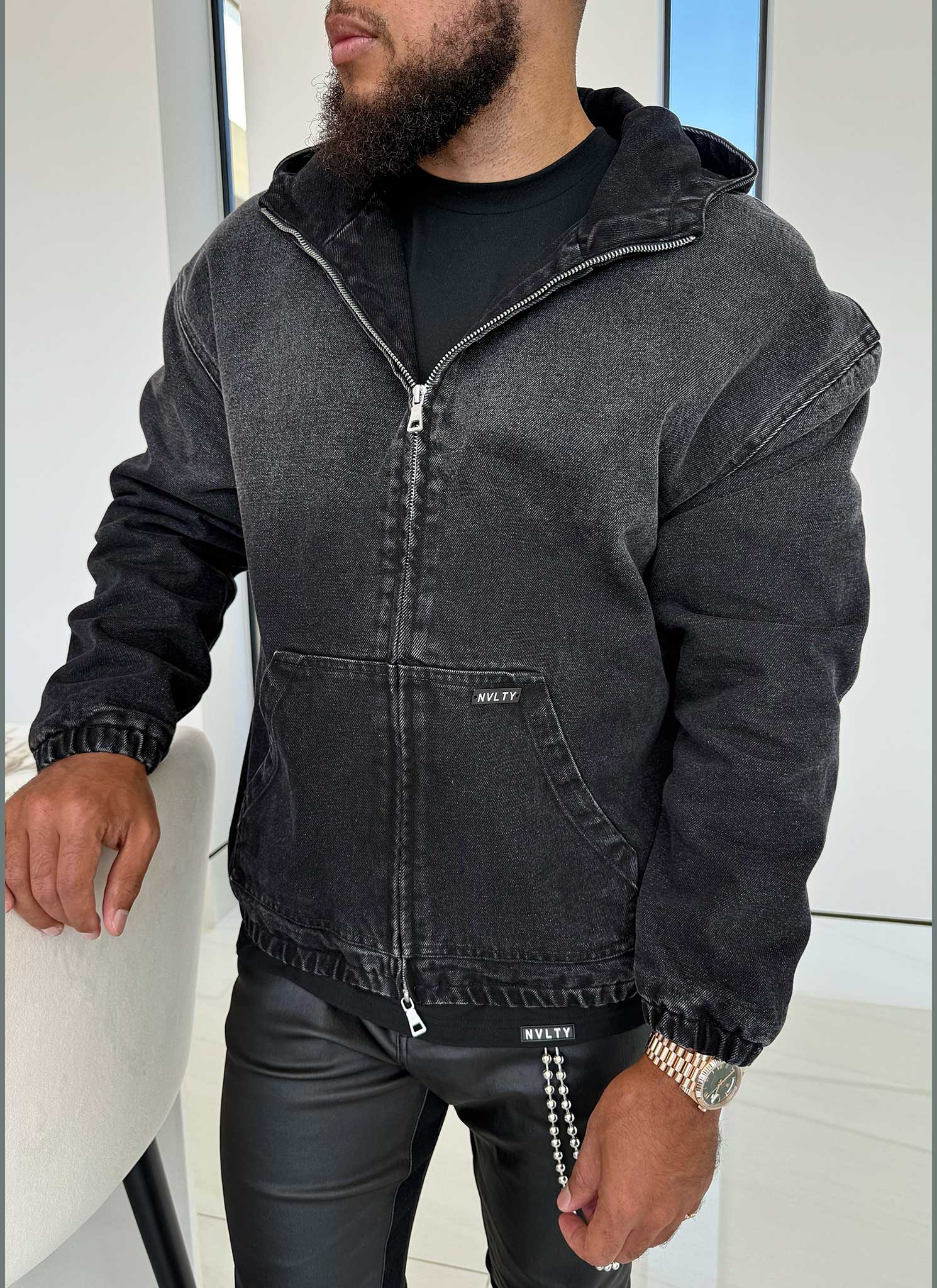 Heavyweight Denim Zip Hoodie - Black - Image 3