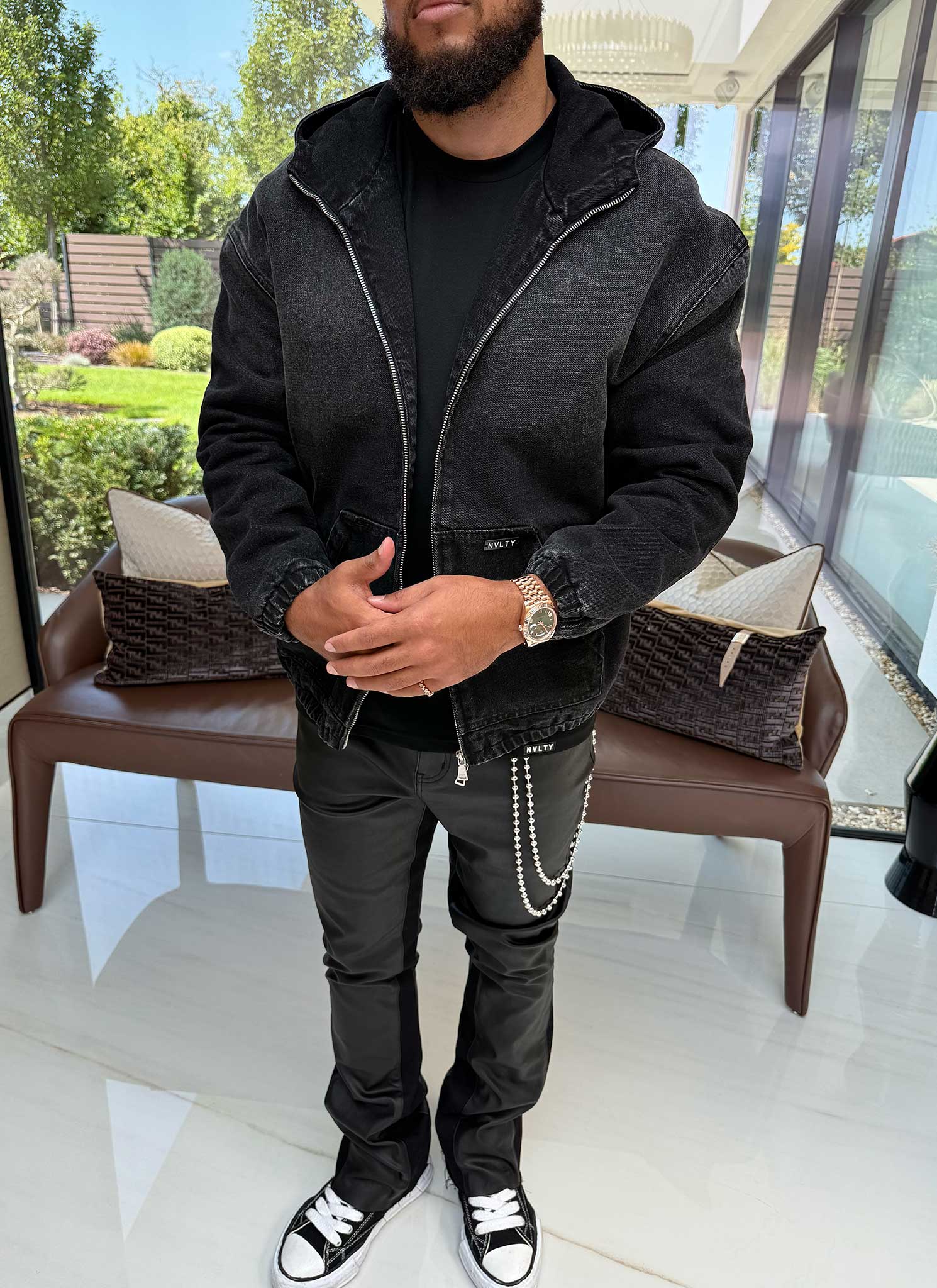 Heavyweight Denim Zip Hoodie - Black - Image 5