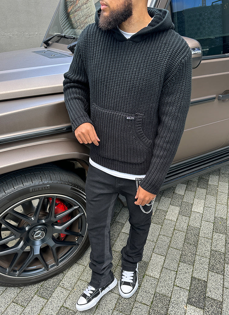 Heavyweight Knitted Hoodie - Black - Image 4