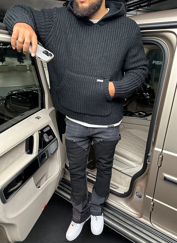 Heavyweight Knitted Hoodie - Black - Image 5