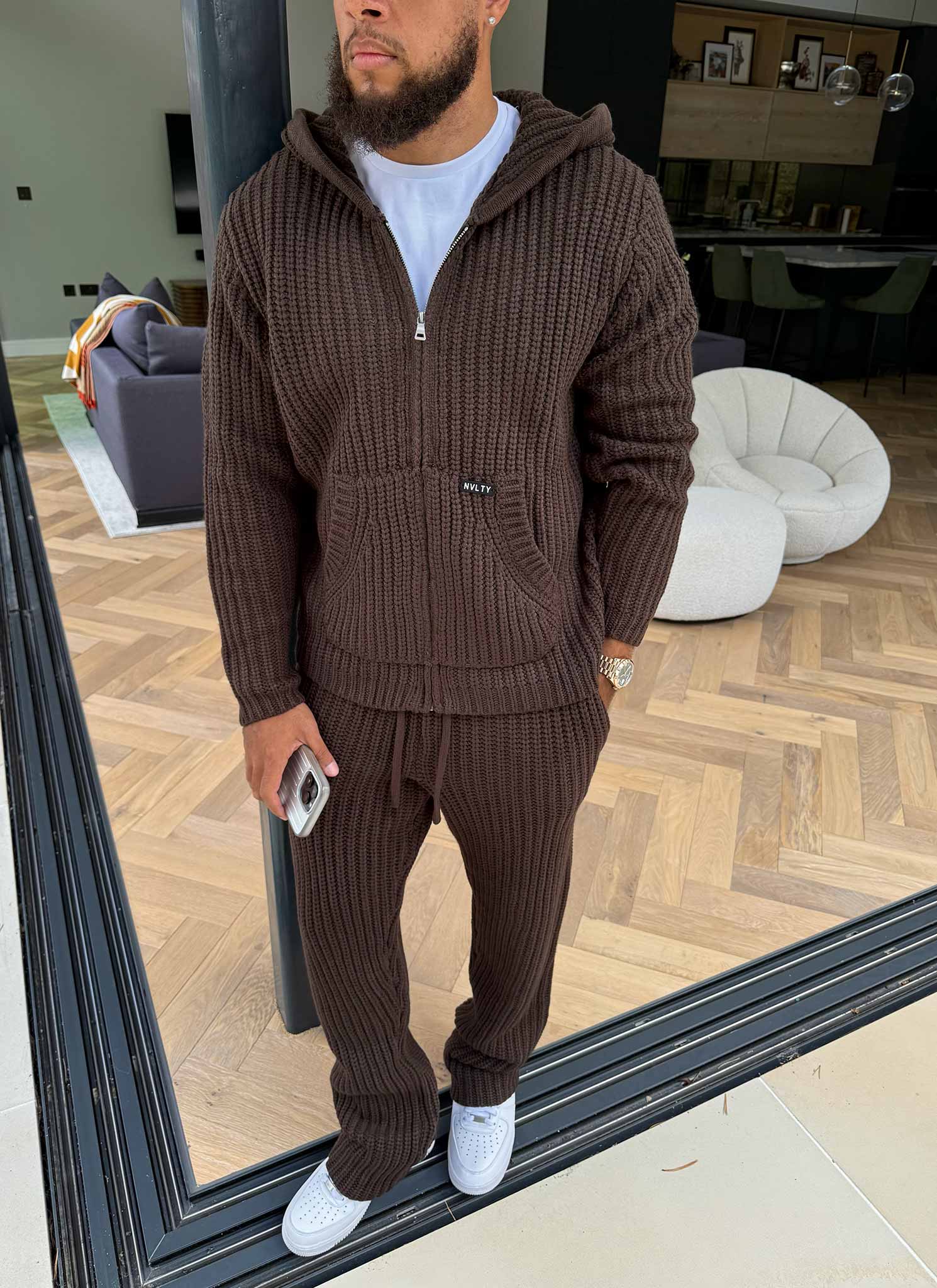 Heavyweight Knitted Joggers - Brown - Image 11