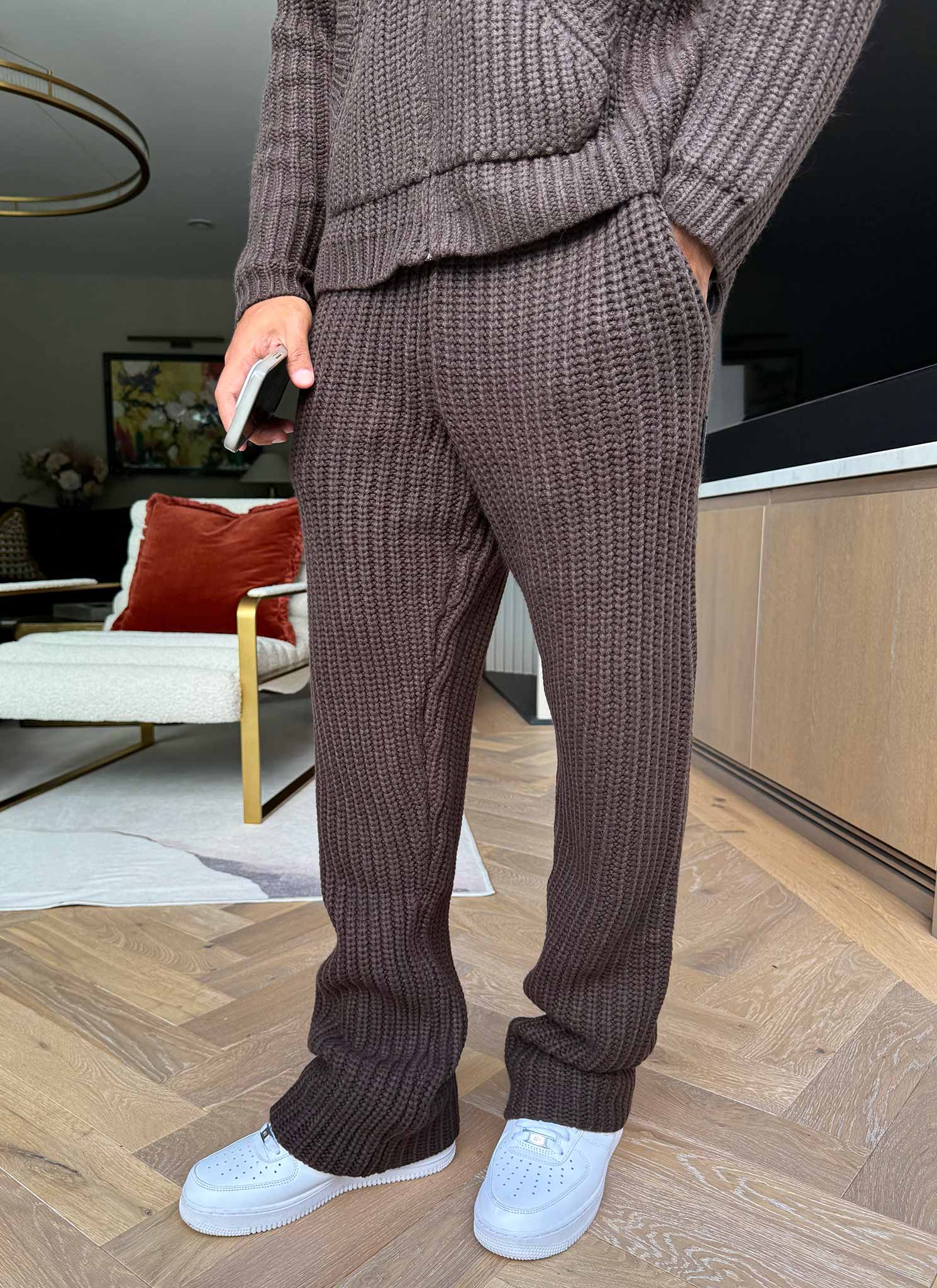 Heavyweight Knitted Joggers - Brown - Image 5