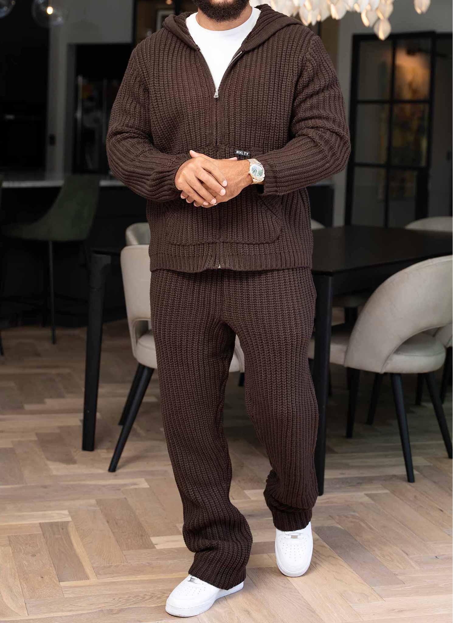 Heavyweight Knitted Joggers - Brown - Image 6