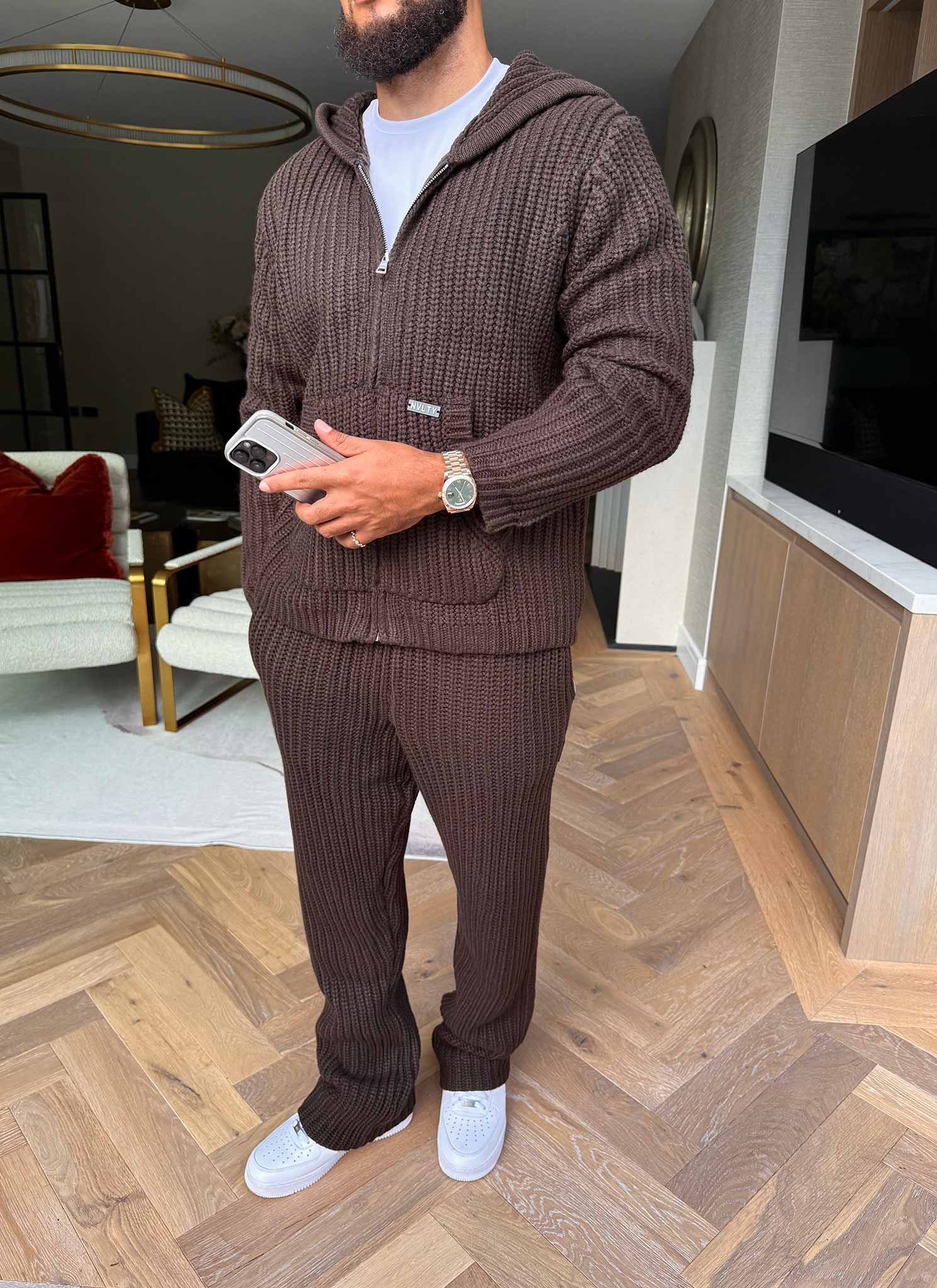 Heavyweight Knitted Joggers - Brown - Image 9