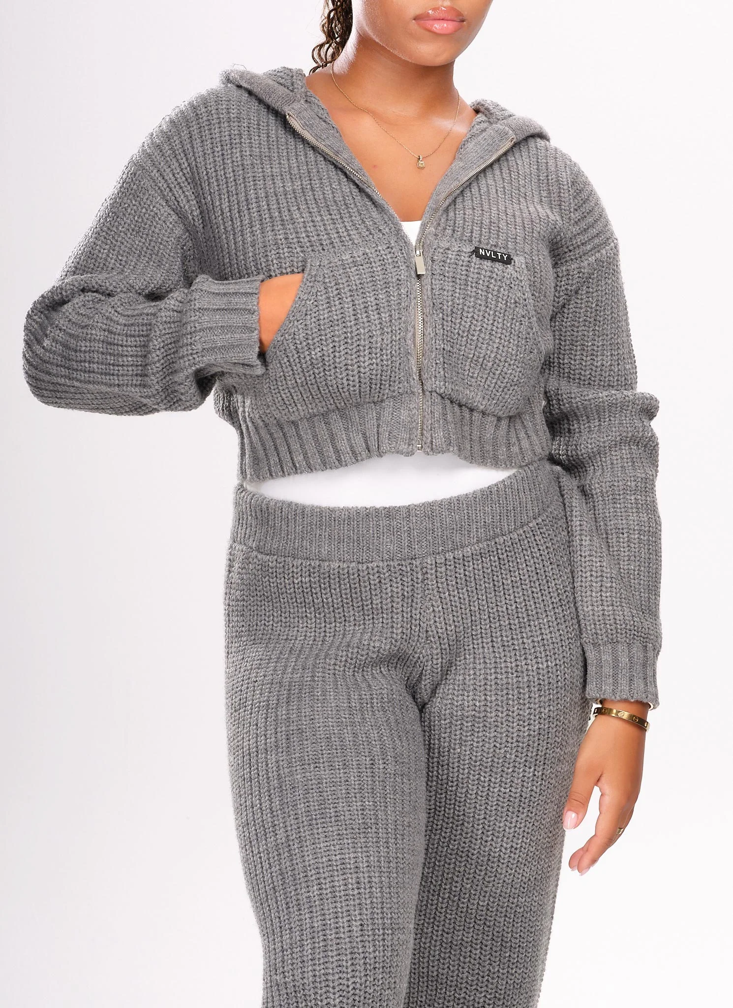 Heavyweight Knitted Zip Hoodie - Grey - Image 2