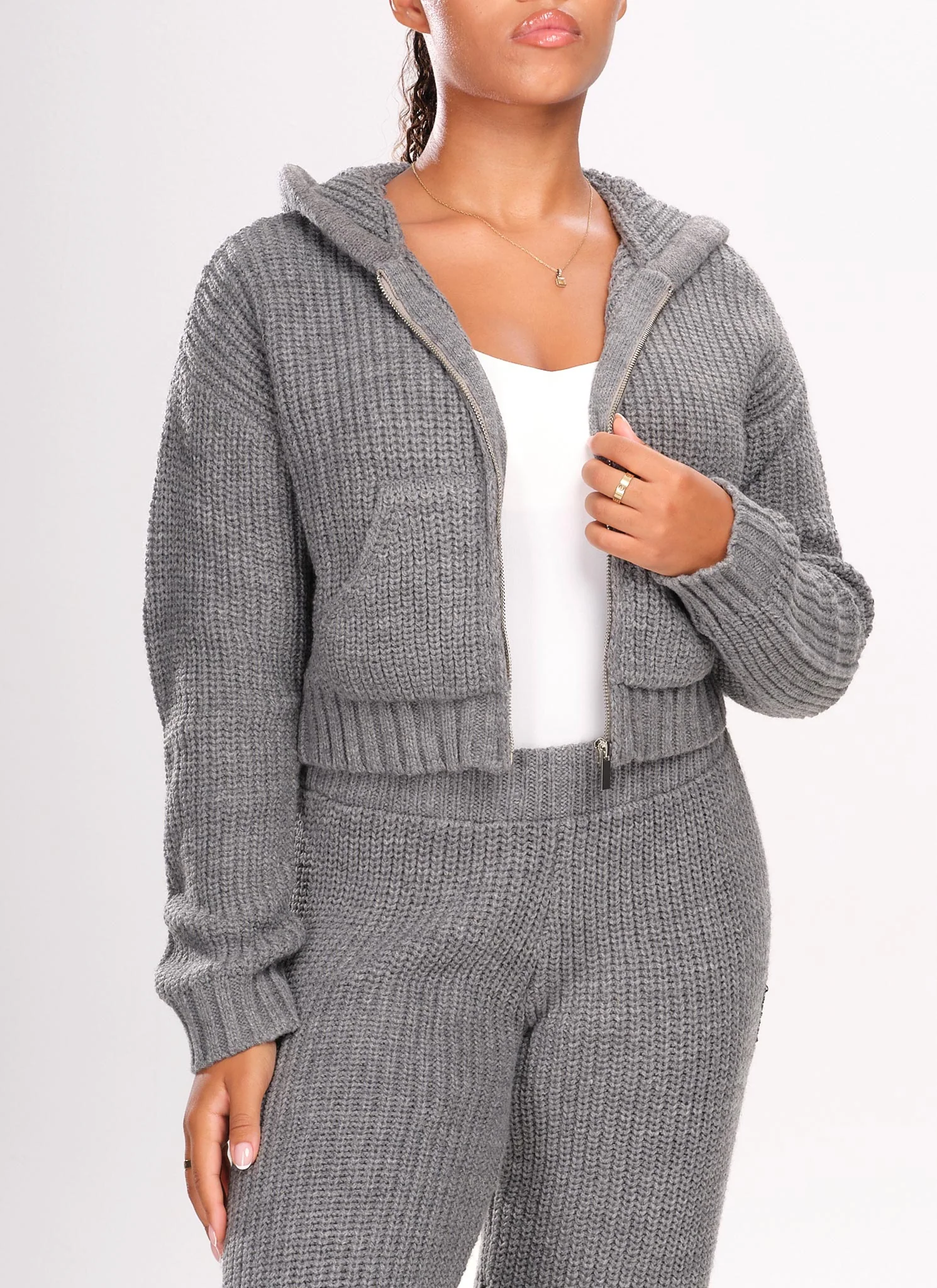 Heavyweight Knitted Zip Hoodie - Grey - Image 6