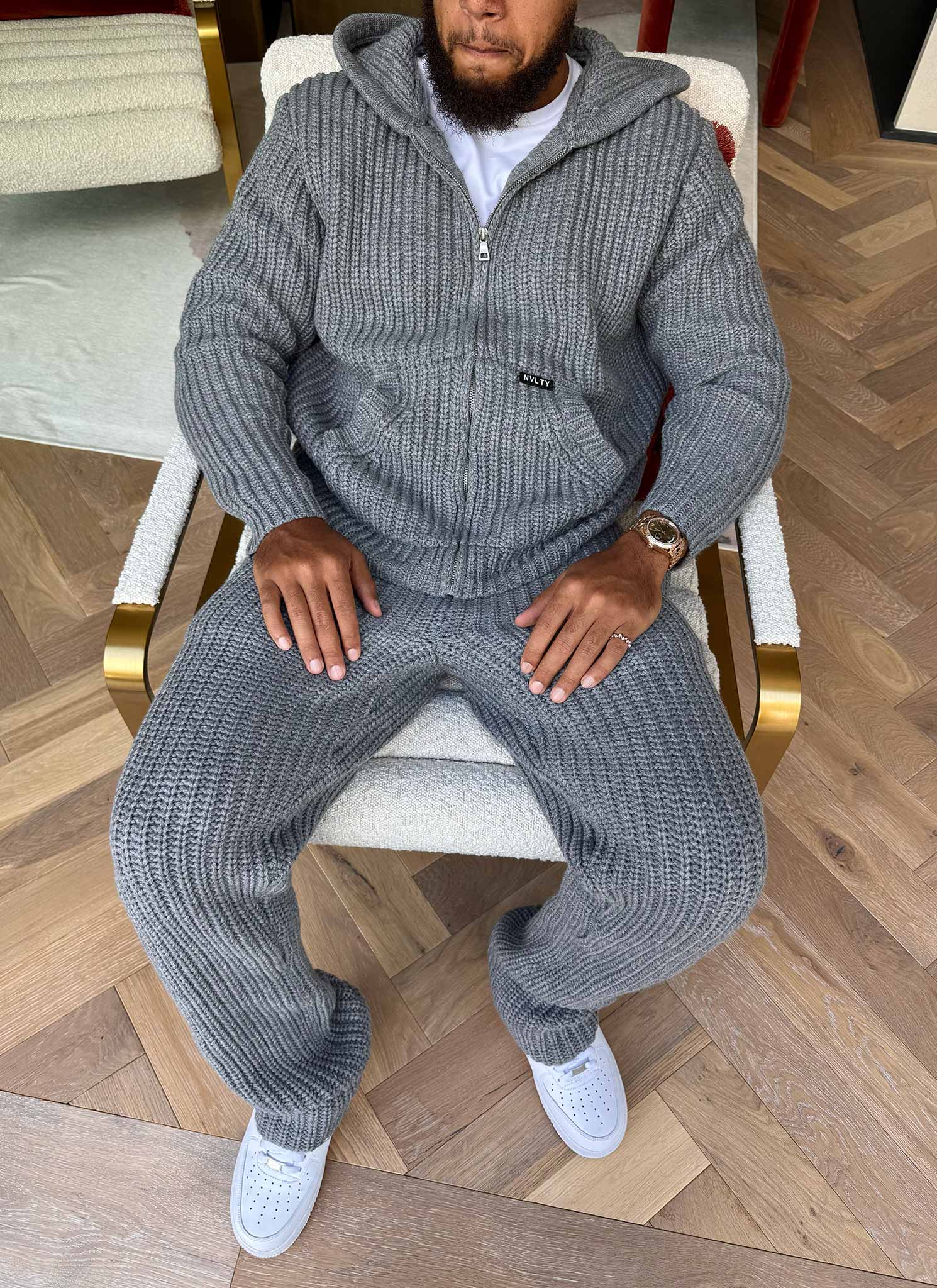 Heavyweight Knitted Zip Hoodie - Grey - Image 10