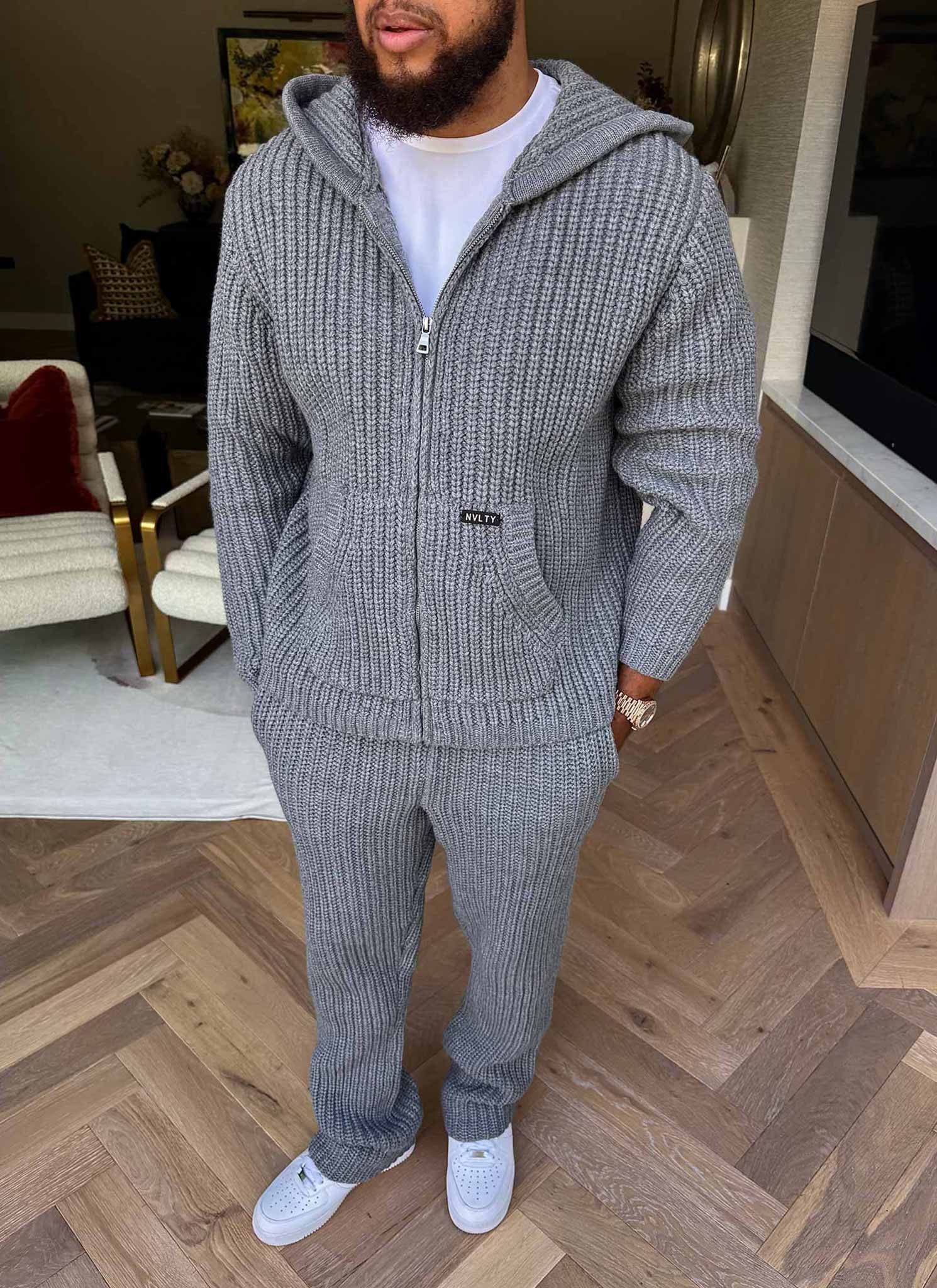 Heavyweight Knitted Zip Hoodie - Grey - Image 11