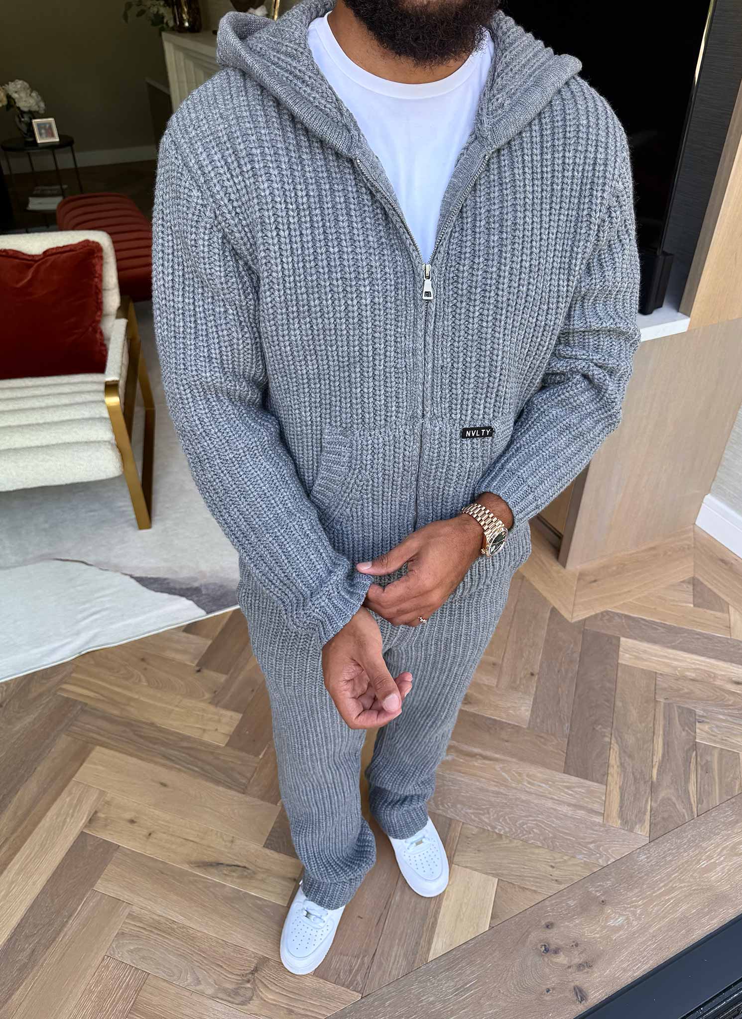 Heavyweight Knitted Zip Hoodie - Grey - Image 13