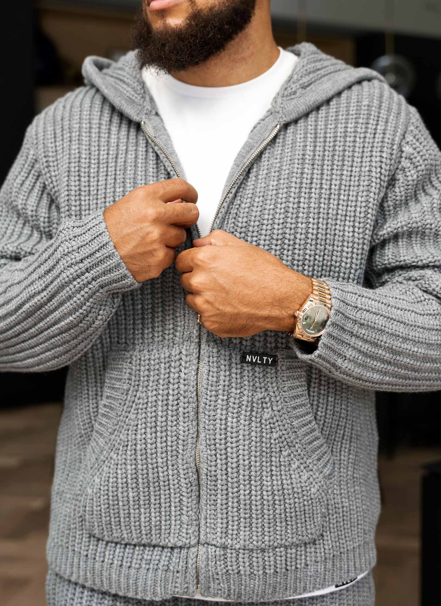 Heavyweight Knitted Zip Hoodie - Grey - Image 3