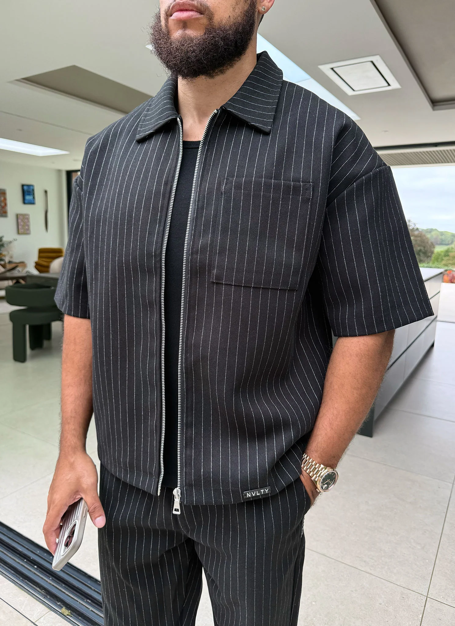 Heavyweight Pinstripe Shirt - Black - Image 6