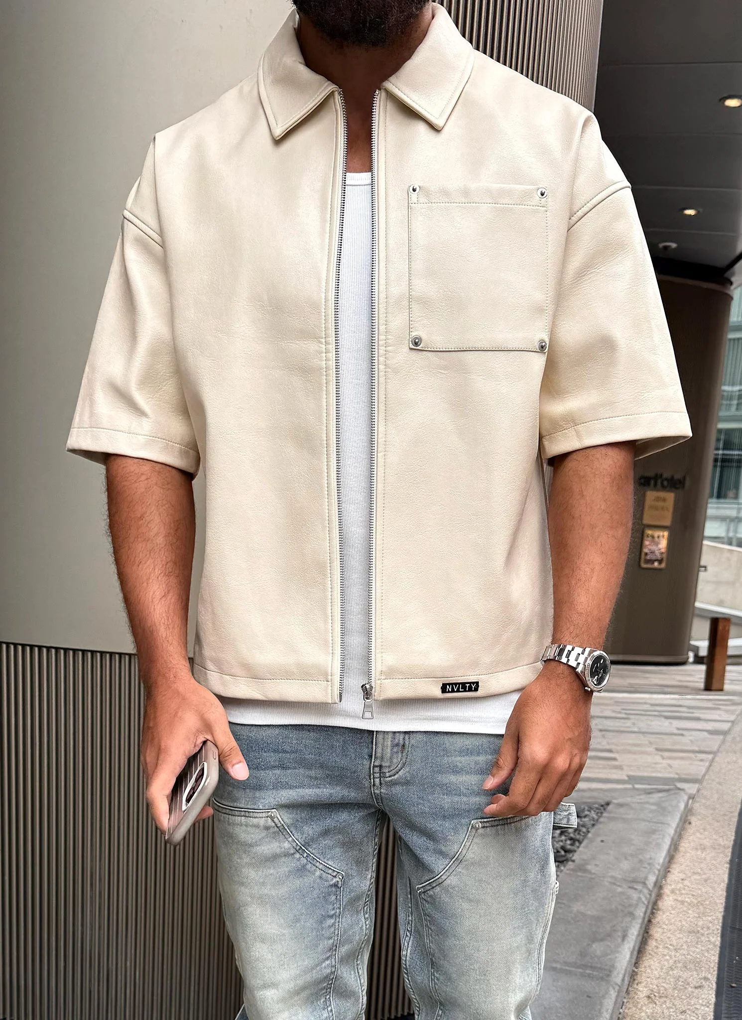 Heavyweight Rivet Leather Shirt - Ivory - Image 2