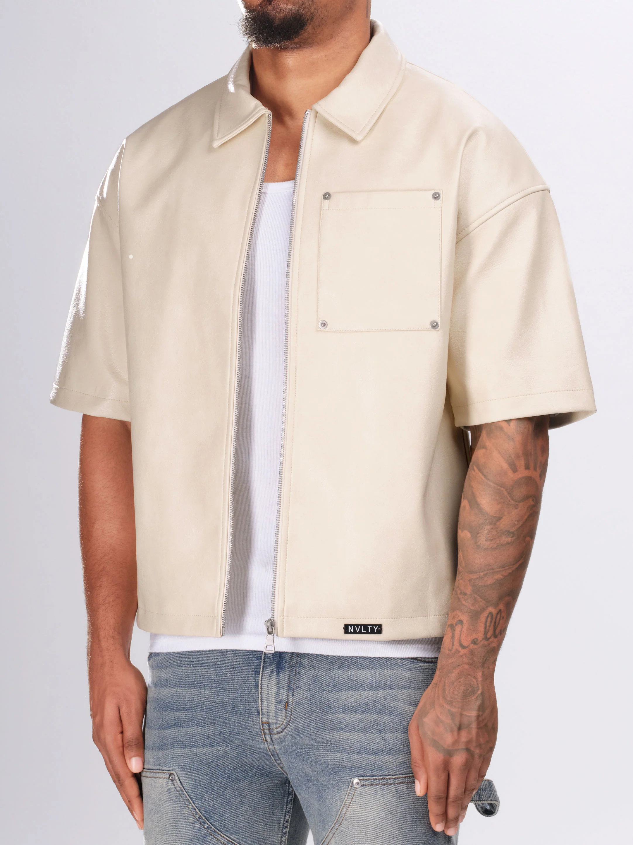 Heavyweight Rivet Leather Shirt - Ivory - Image 3