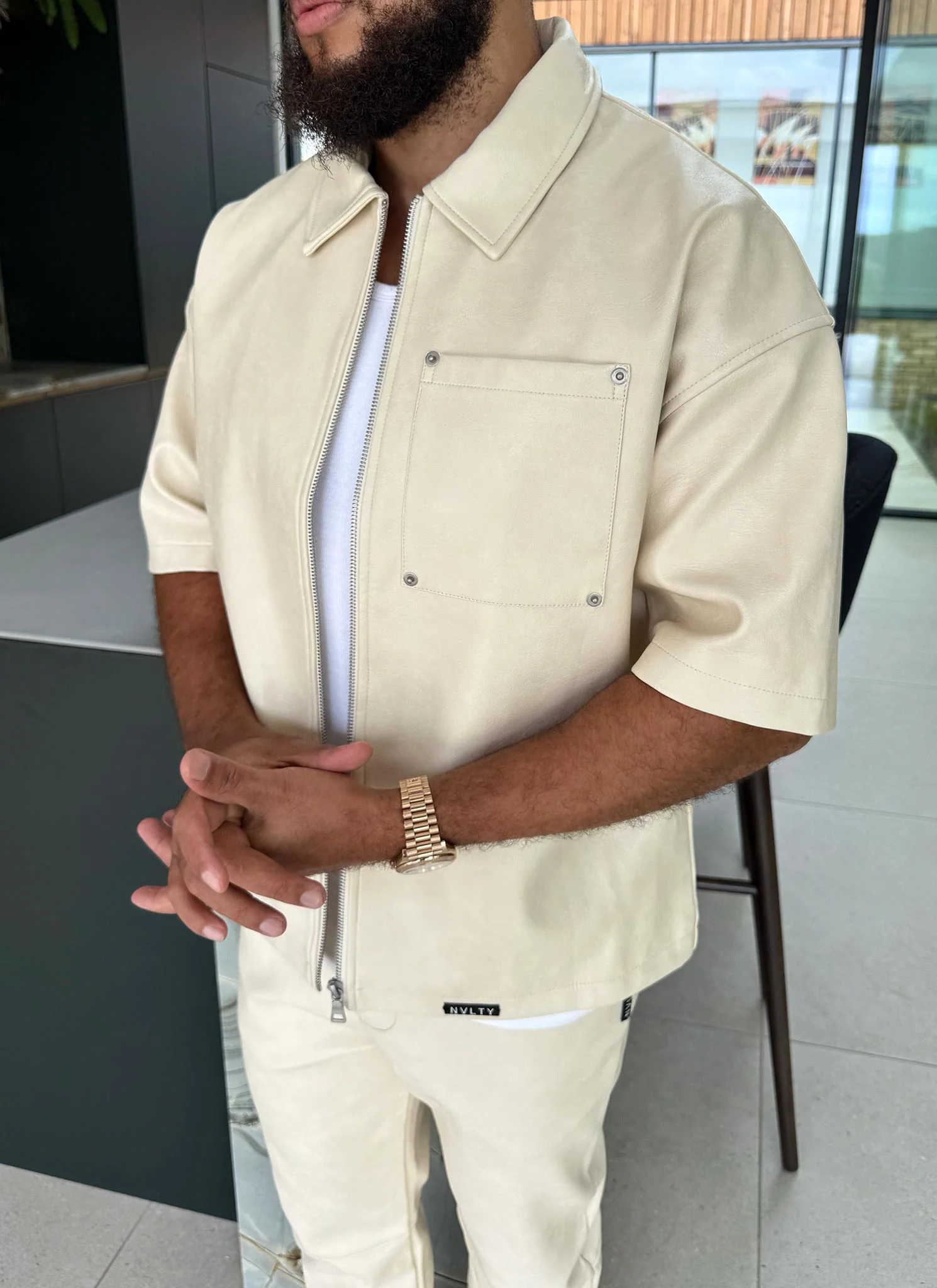 Heavyweight Rivet Leather Shirt - Ivory - Image 8