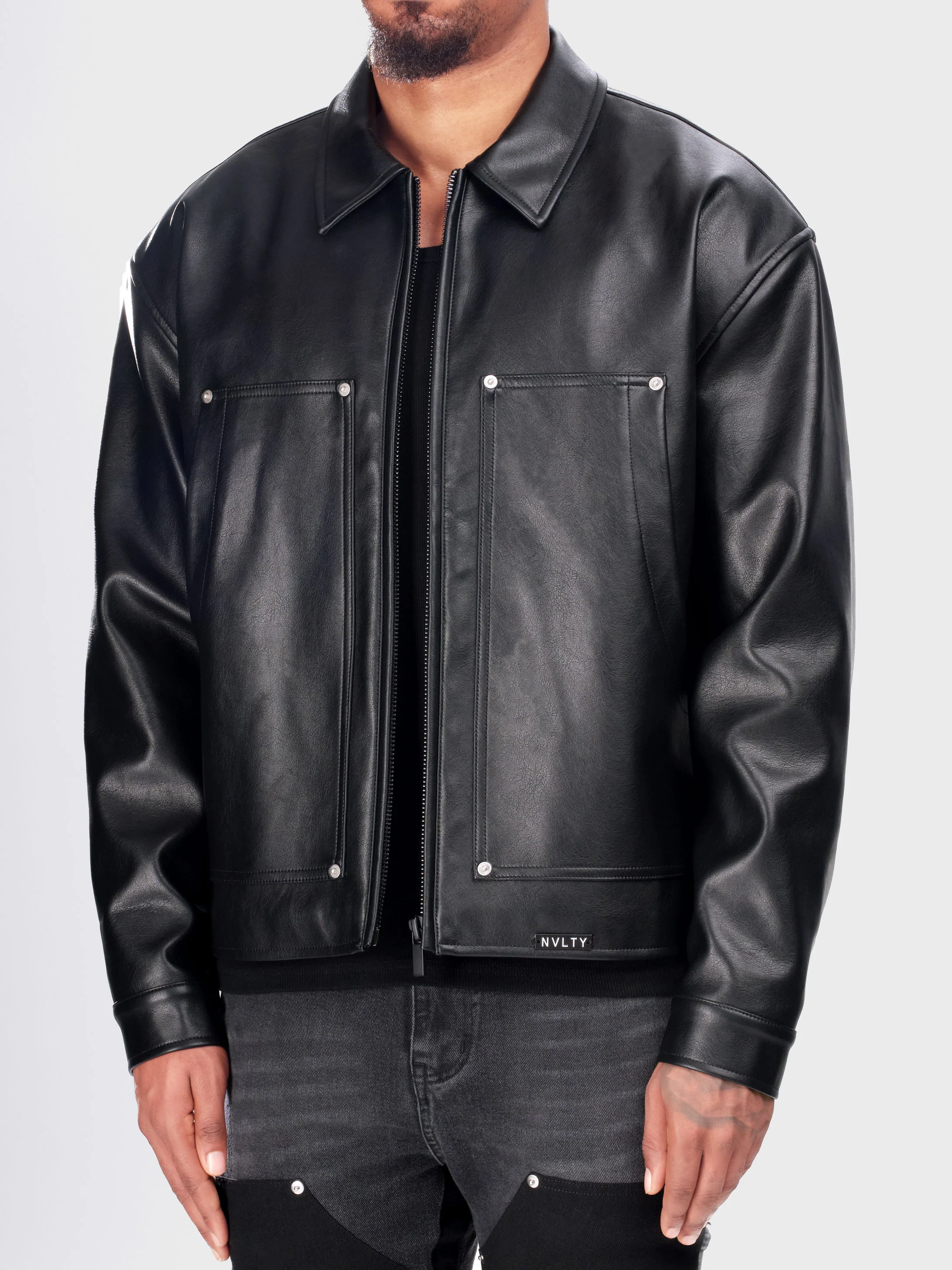 Leather Carpenter Rivet Jacket - Black - Image 3