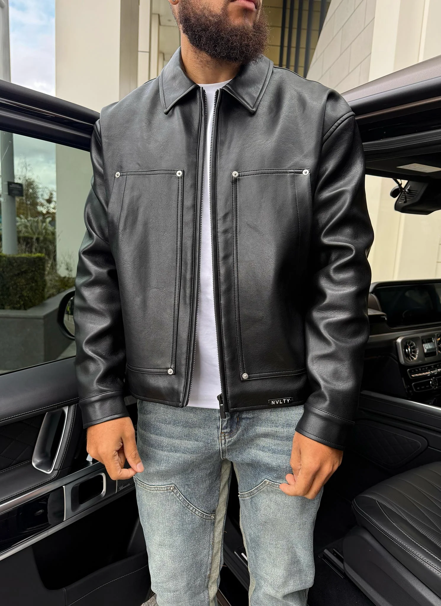 Leather Carpenter Rivet Jacket - Black - Image 4