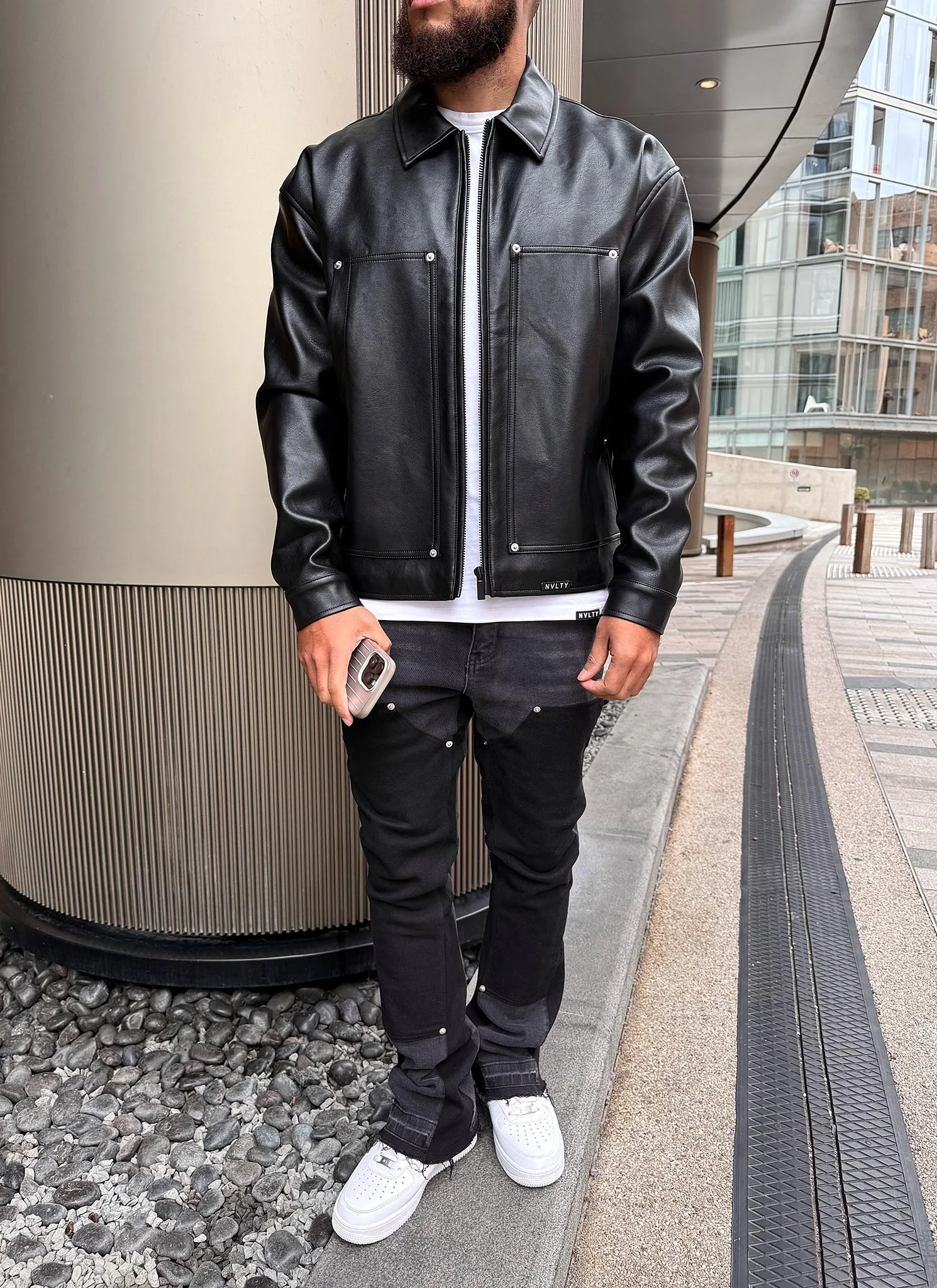 Leather Carpenter Rivet Jacket - Black - Image 5