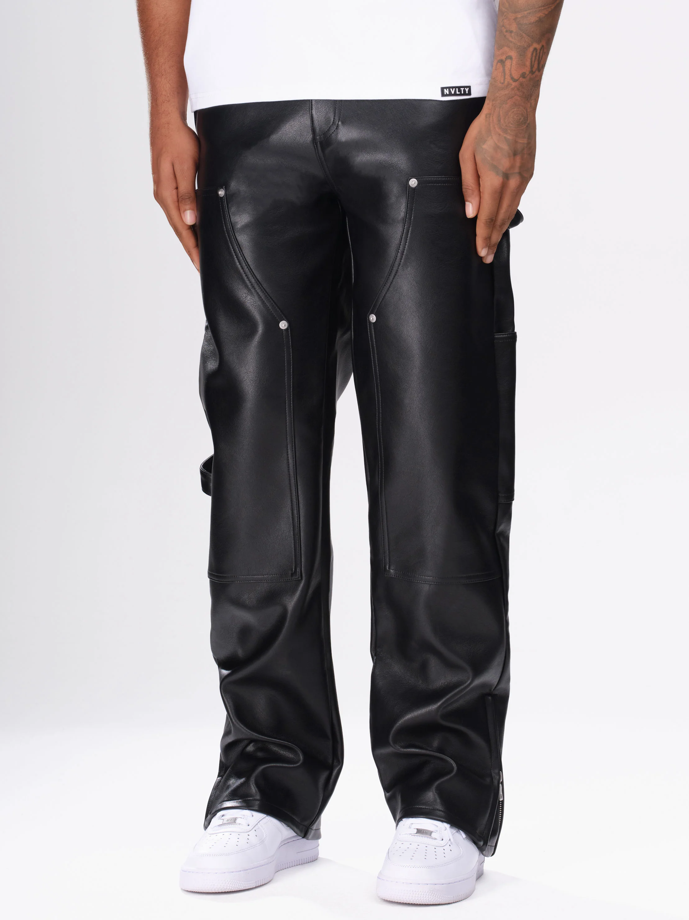 Leather Carpenter Rivet Pants - Black - Image 3