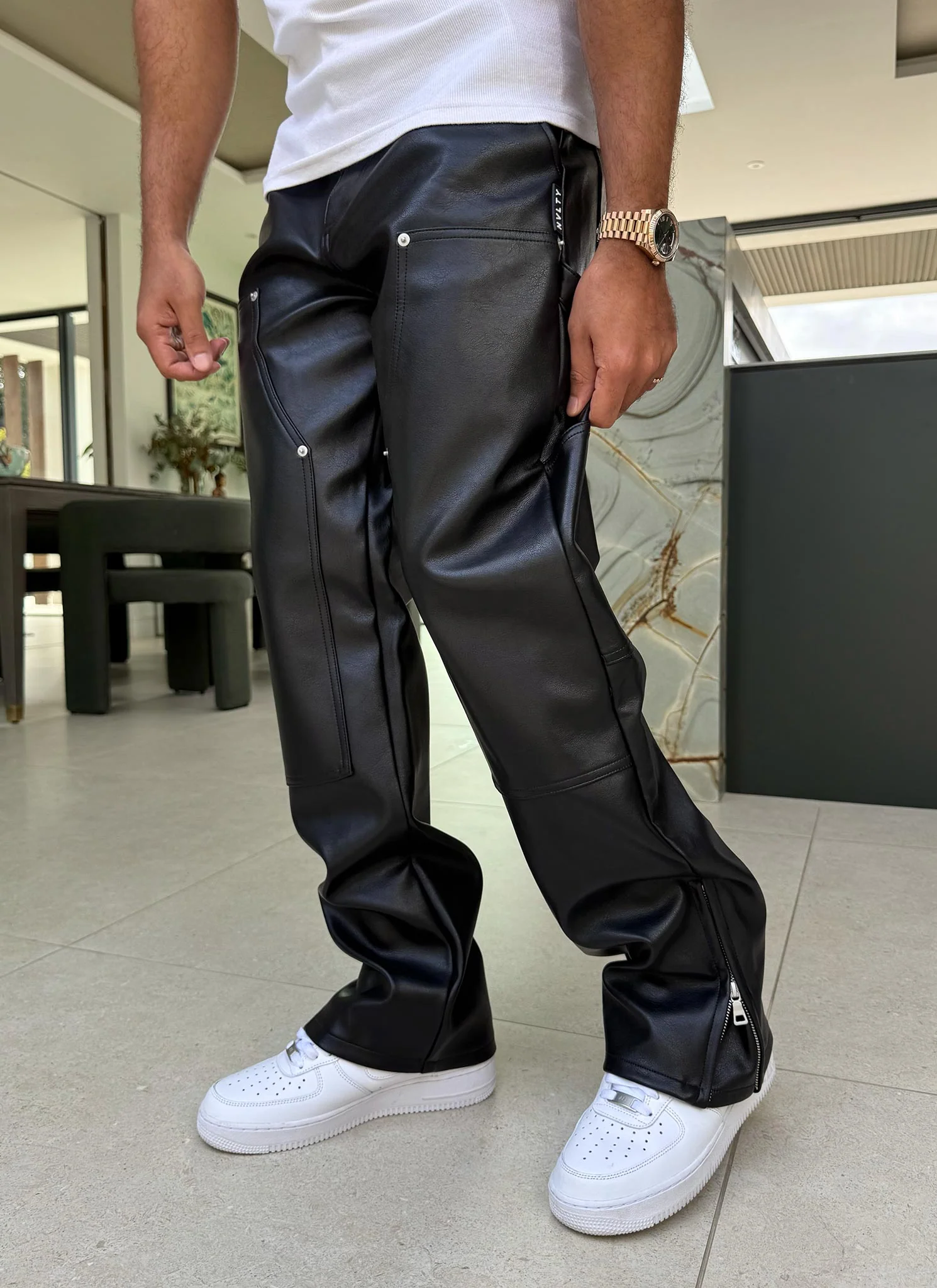 Leather Carpenter Rivet Pants - Black - Image 4