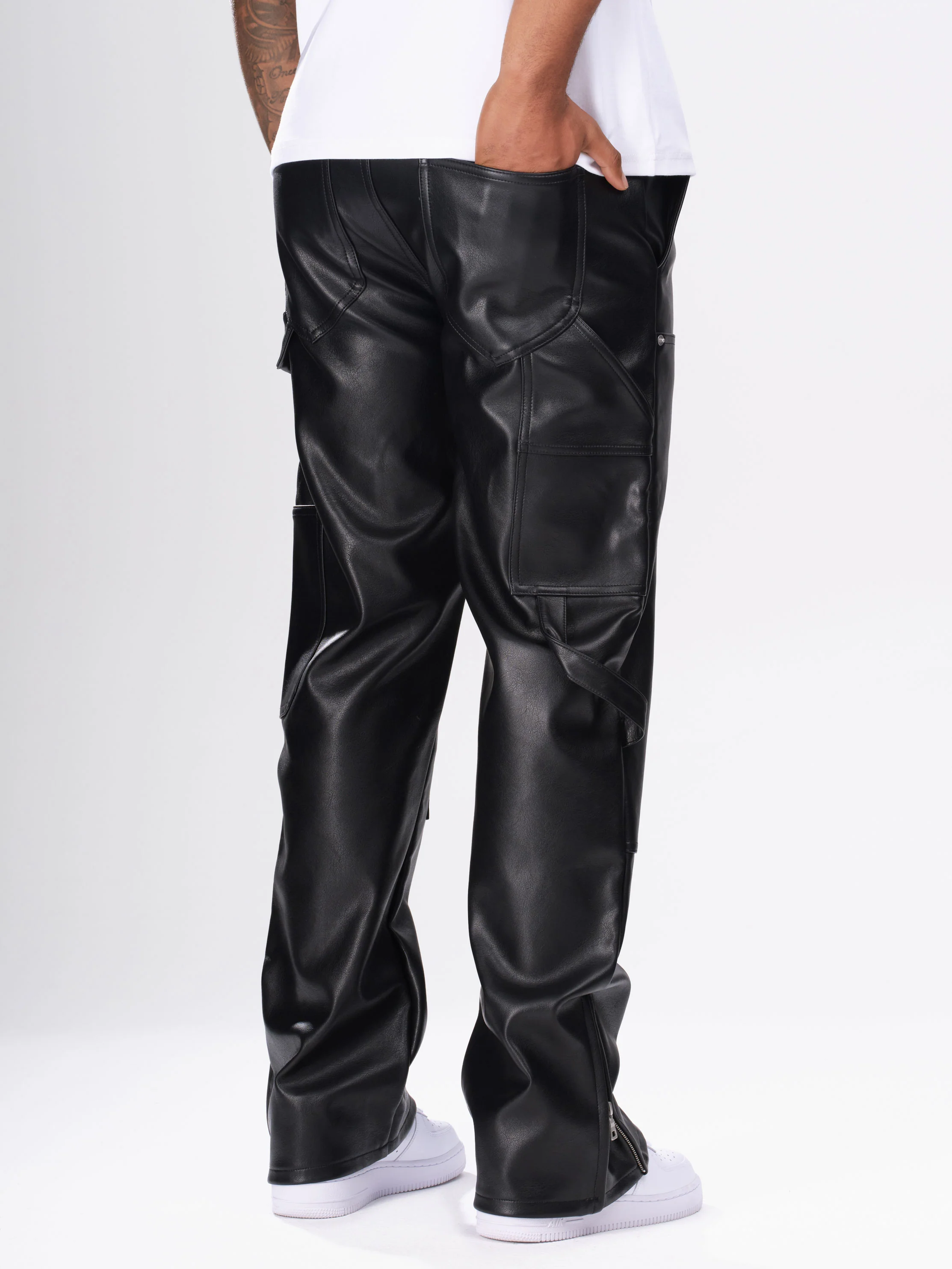 Leather Carpenter Rivet Pants - Black - Image 6