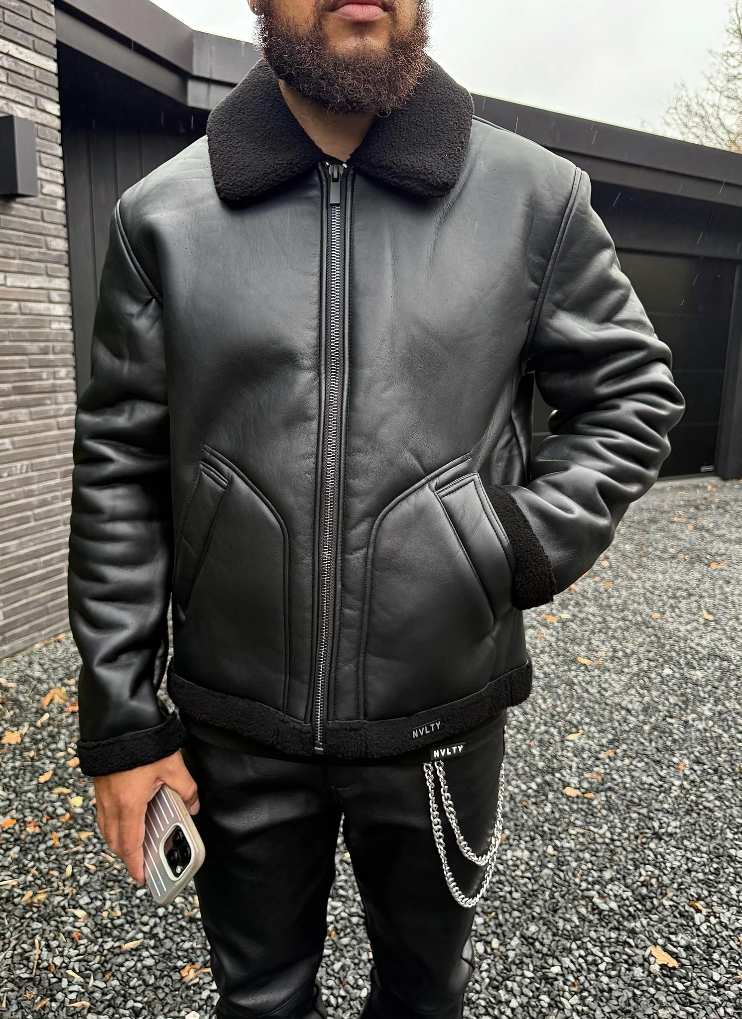 Leather Shearling Jacket - Black - Image 2