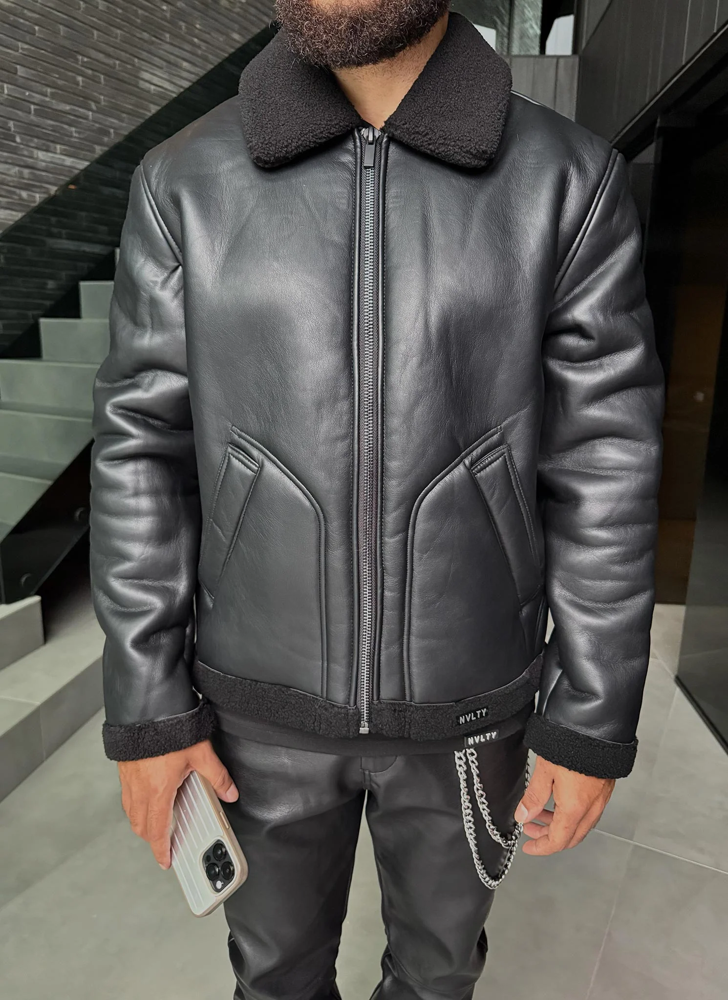 Leather Shearling Jacket - Black - Image 5