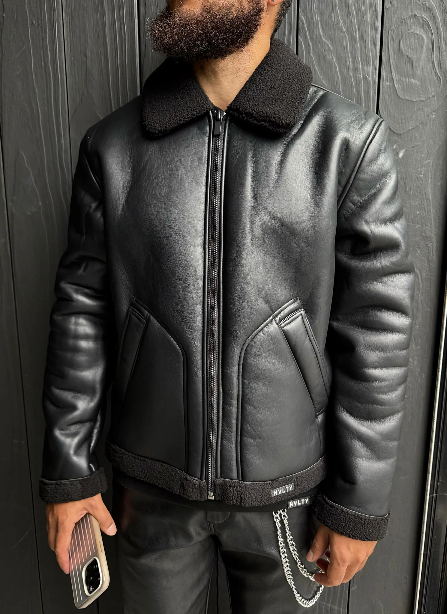 Leather Shearling Jacket - Black - Image 7