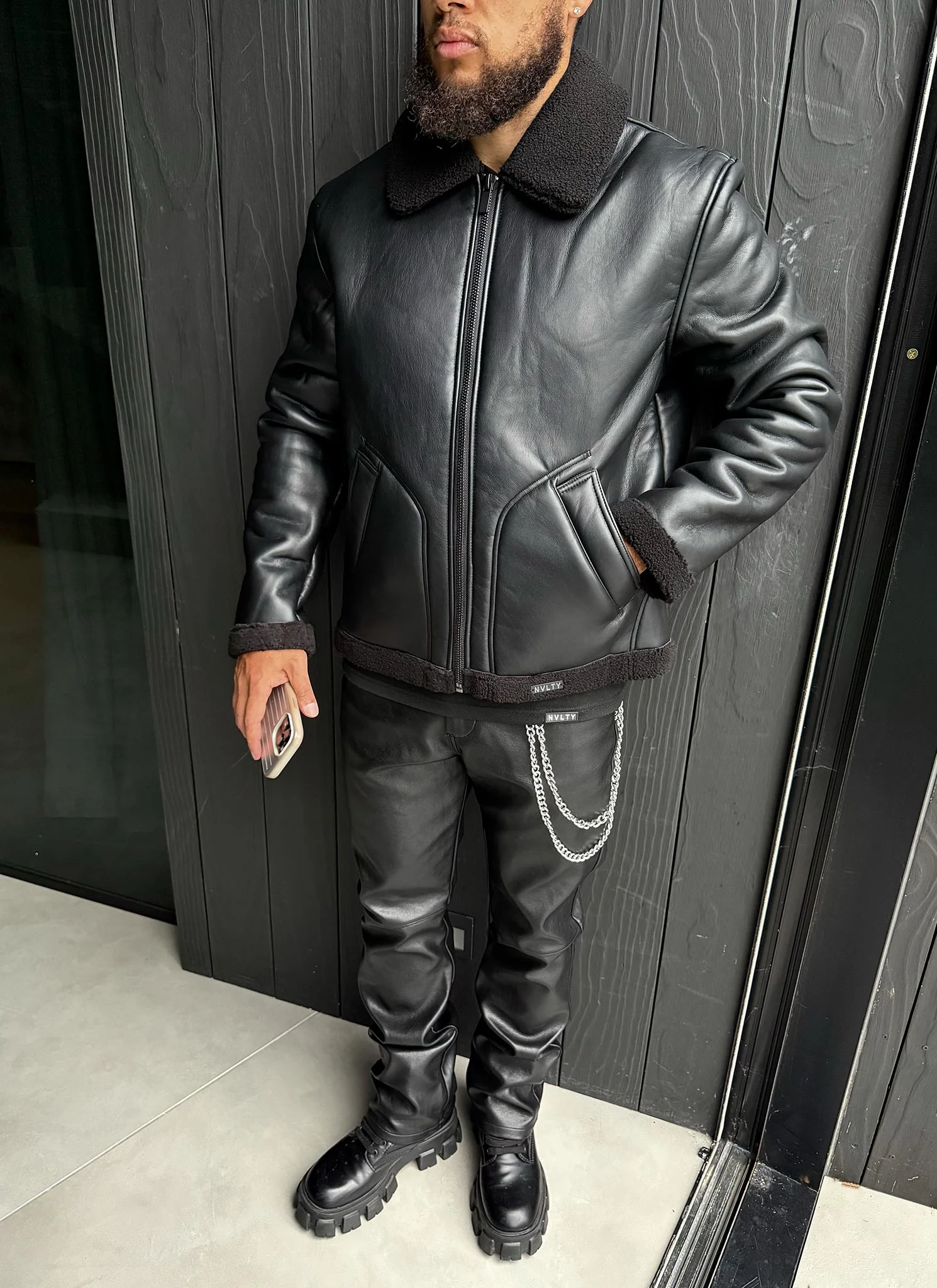 Leather Shearling Jacket - Black - Image 8