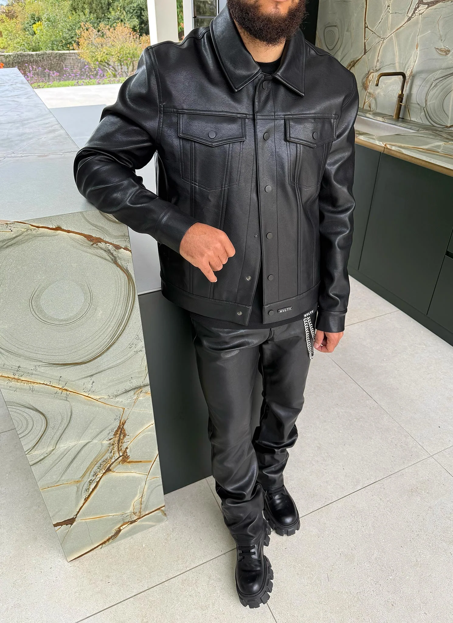 Leather Trucker Jacket - Black - Image 11