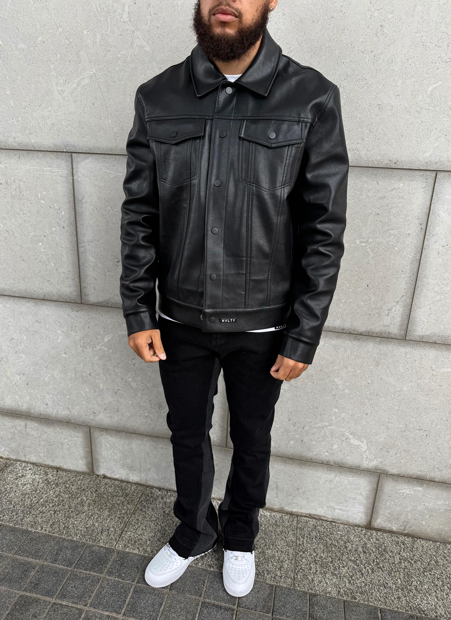 Leather Trucker Jacket - Black - Image 4