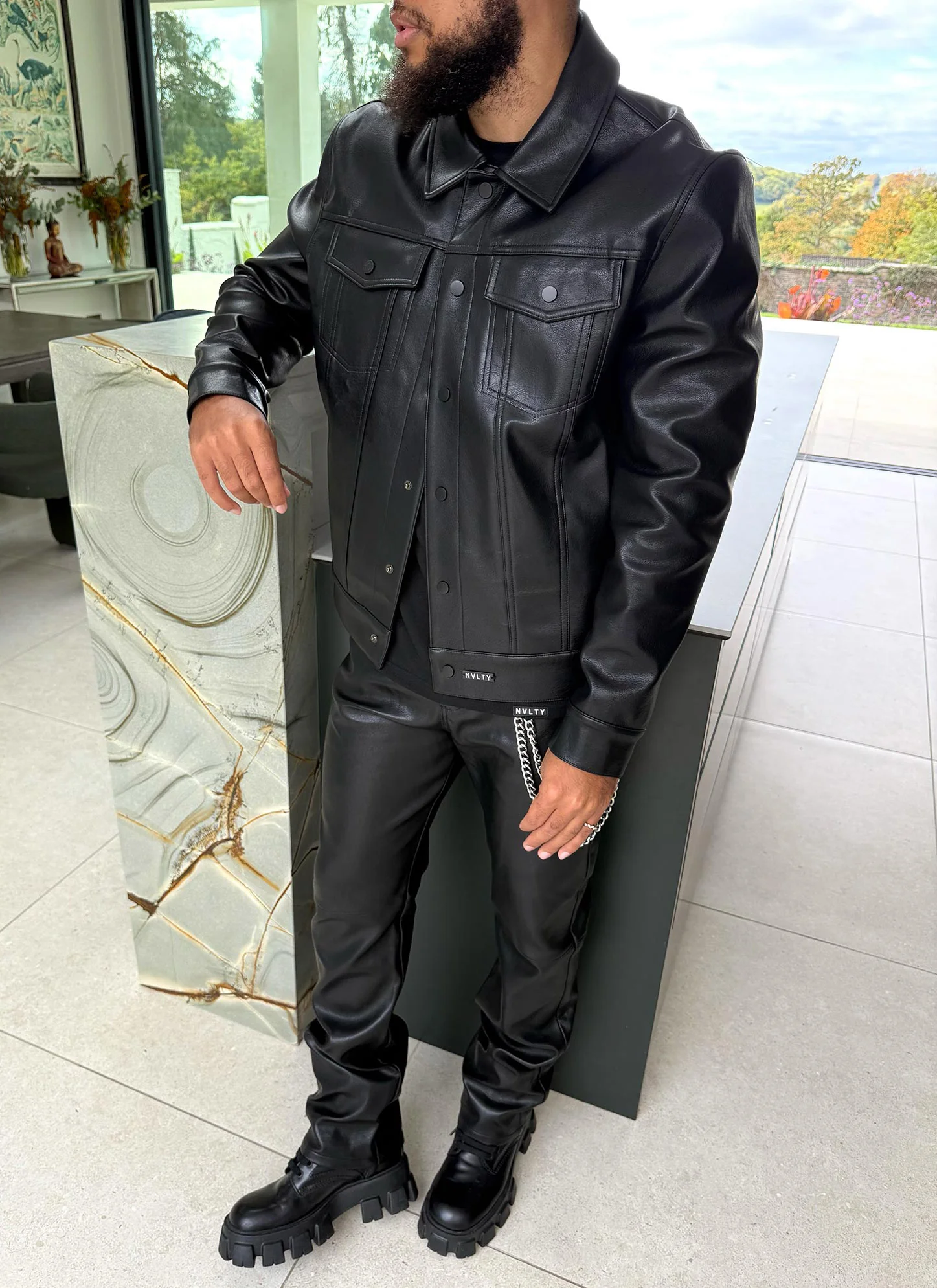 Leather Trucker Jacket - Black - Image 5