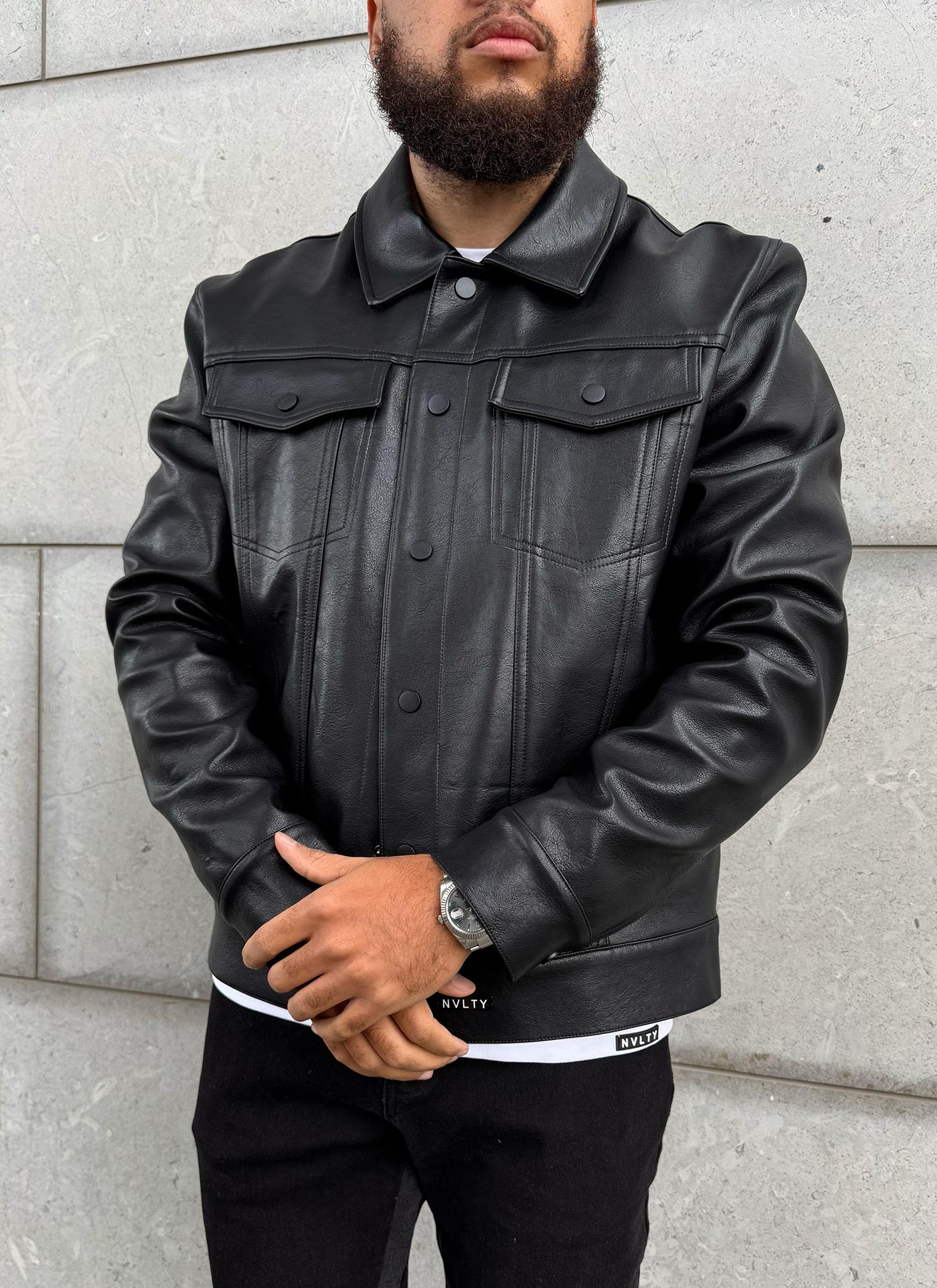 Leather Trucker Jacket - Black - Image 6
