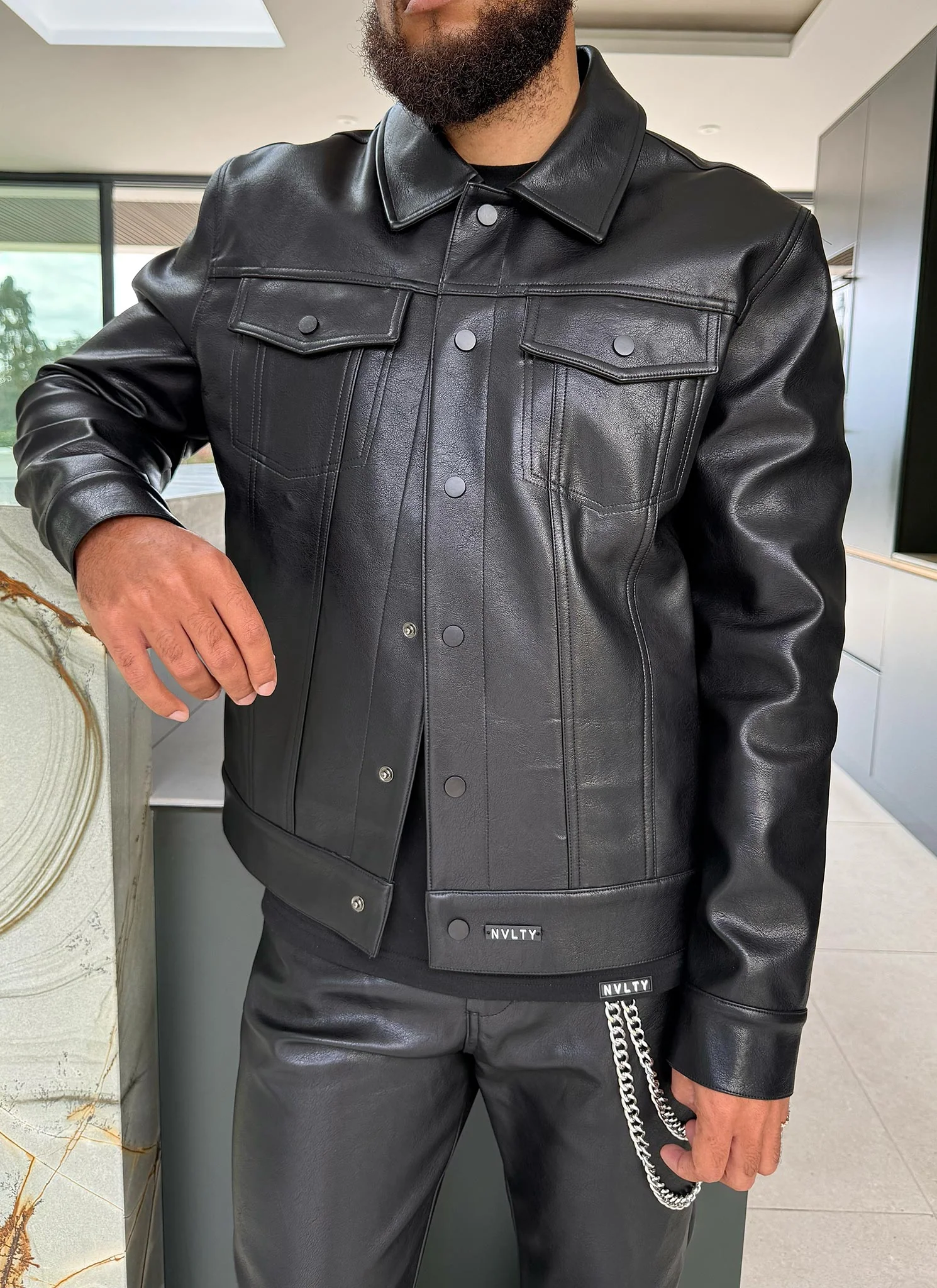 Leather Trucker Jacket - Black - Image 9