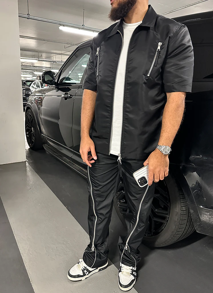 Nylon Flare Zipper Pants - Black - Image 8