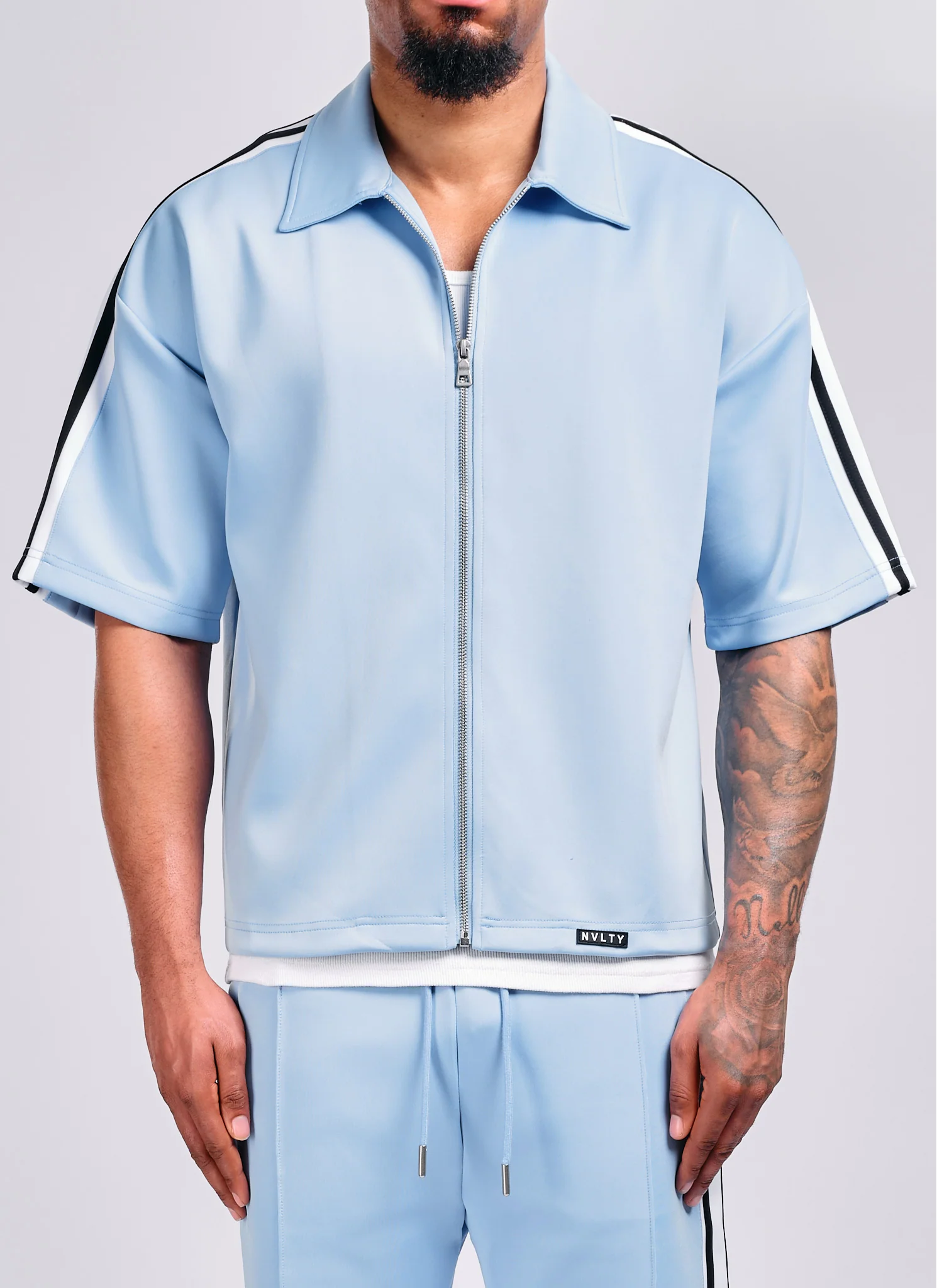 Panelled Luxe Track Shirt - Baby Blue - Image 5