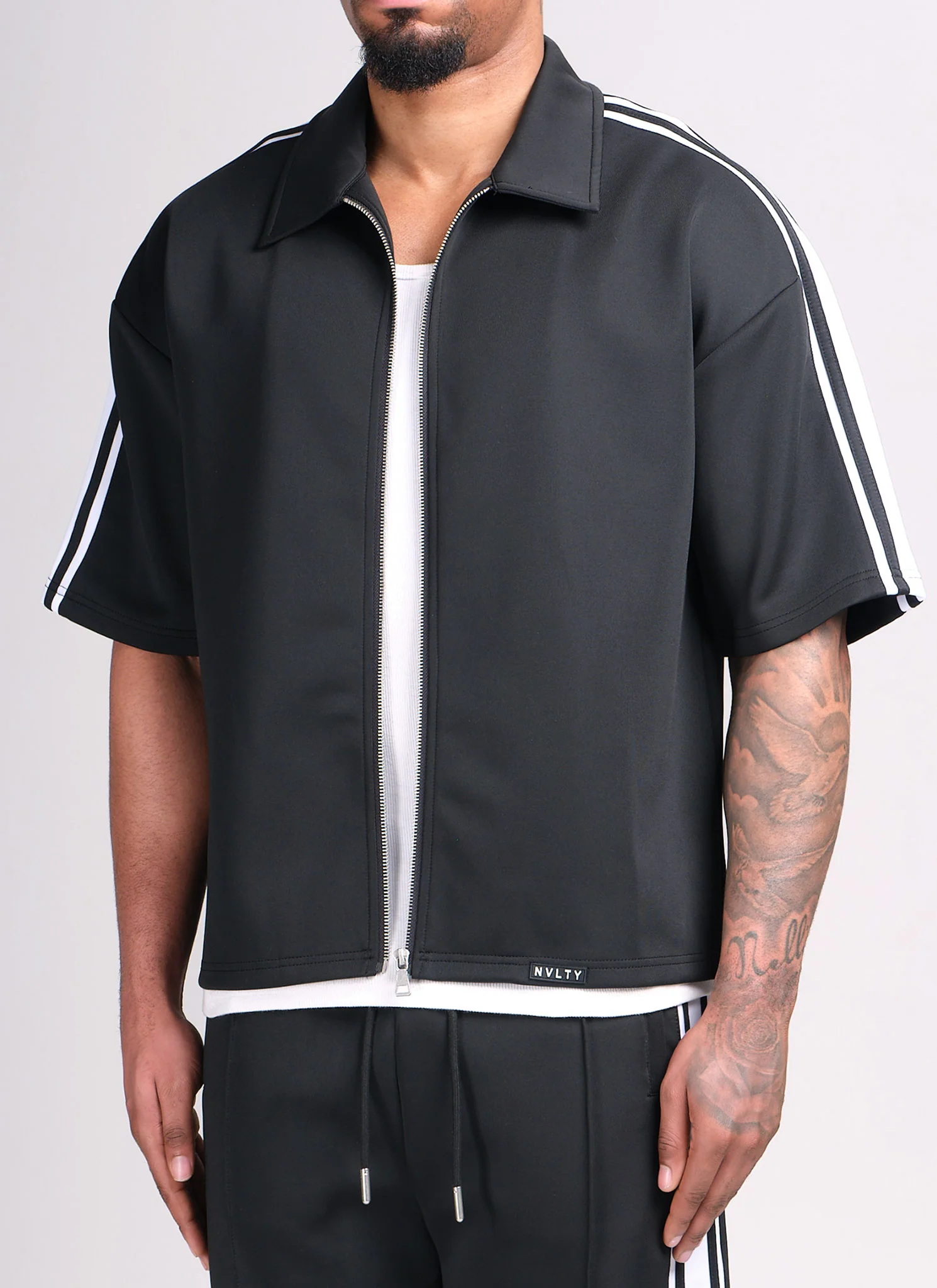 Panelled Luxe Track Shirt - Black - Image 6