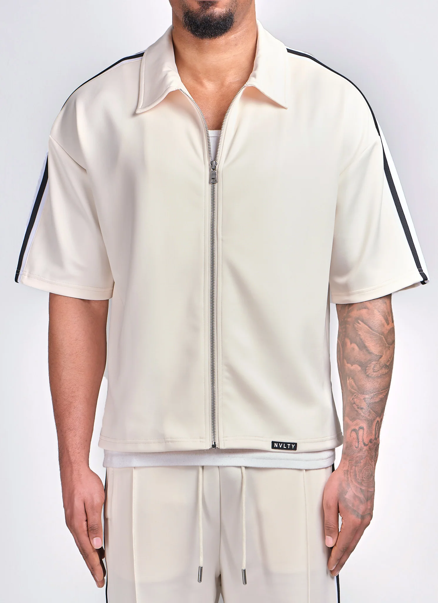 Panelled Luxe Track Shirt - Ivory - Image 5