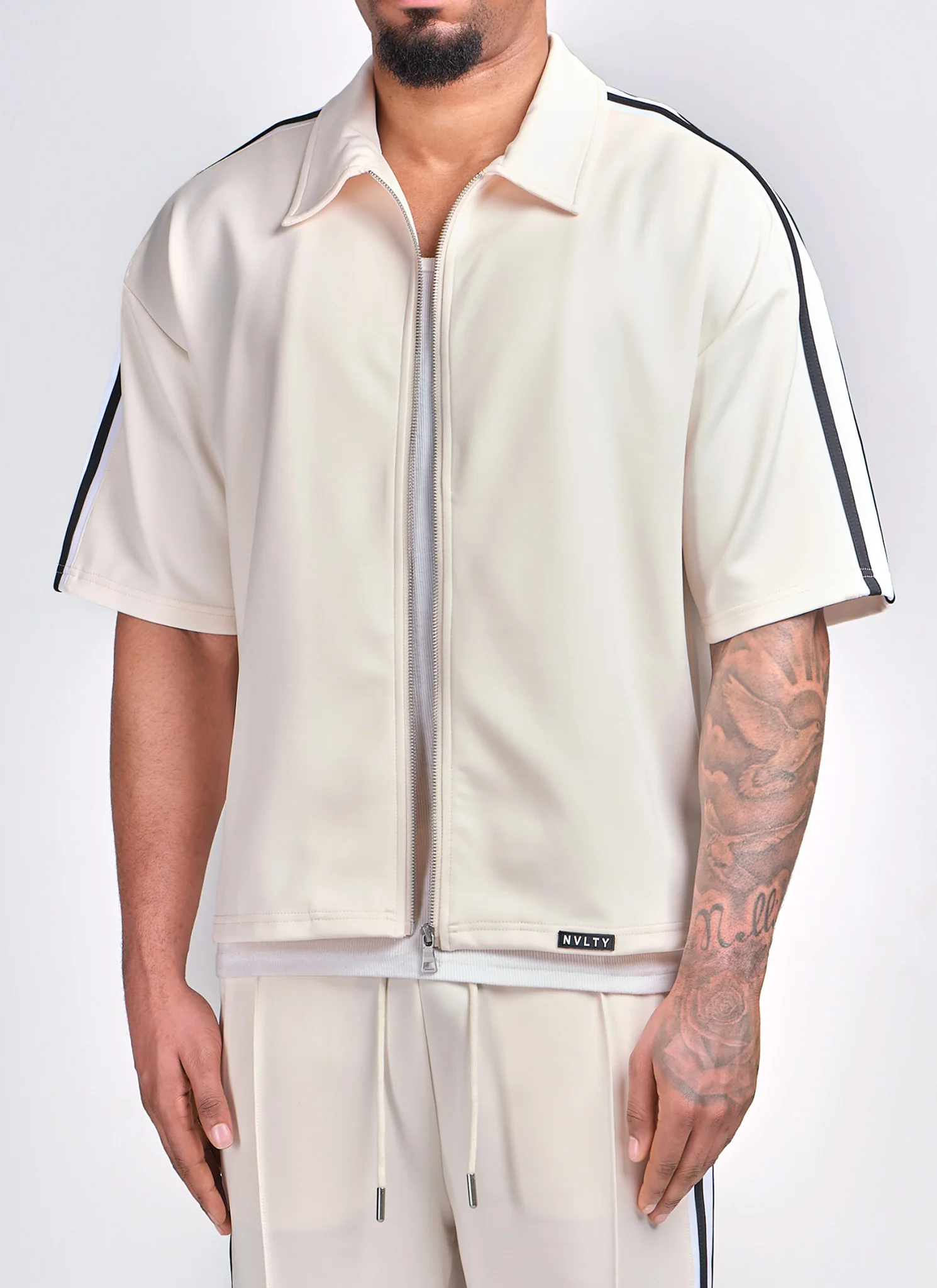 Panelled Luxe Track Shirt - Ivory - Image 7