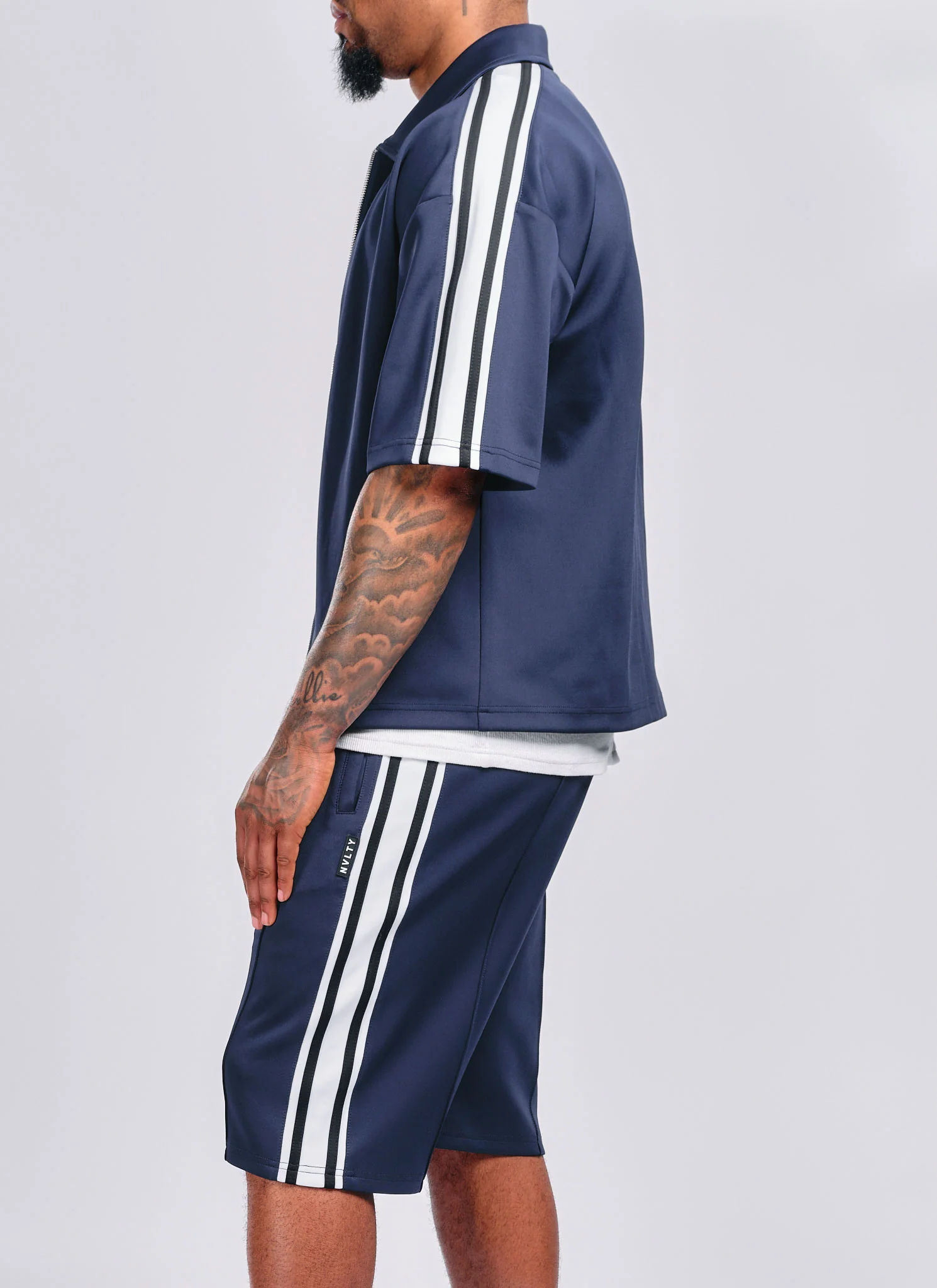 Panelled Luxe Track Shirt - Navy - Image 2