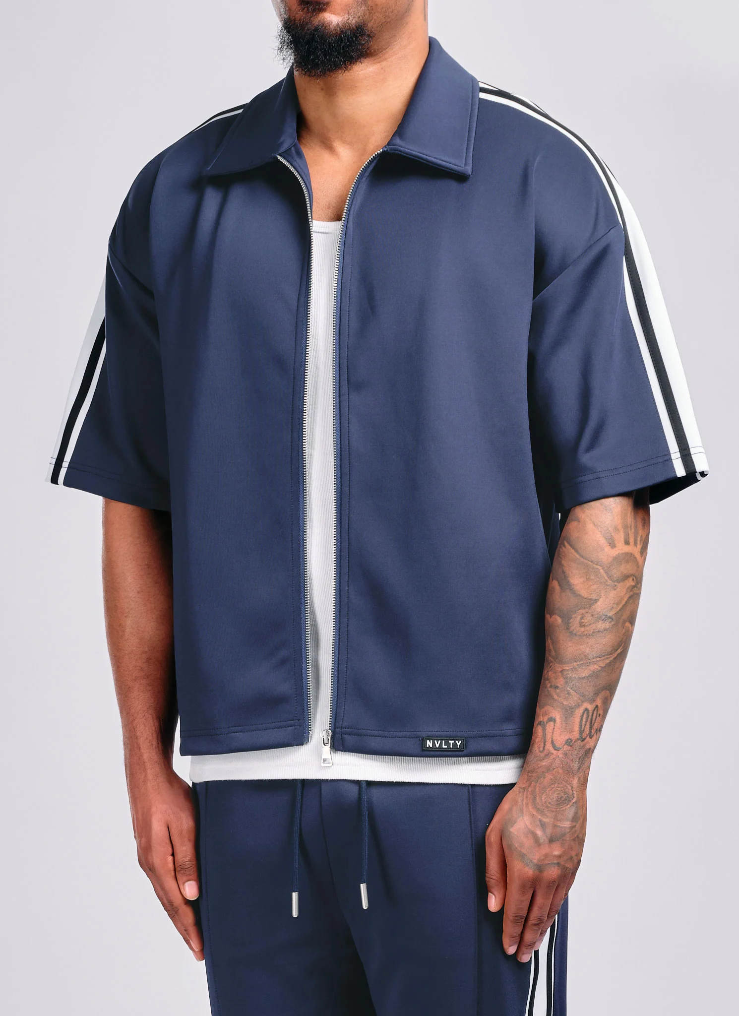 Panelled Luxe Track Shirt - Navy - Image 4