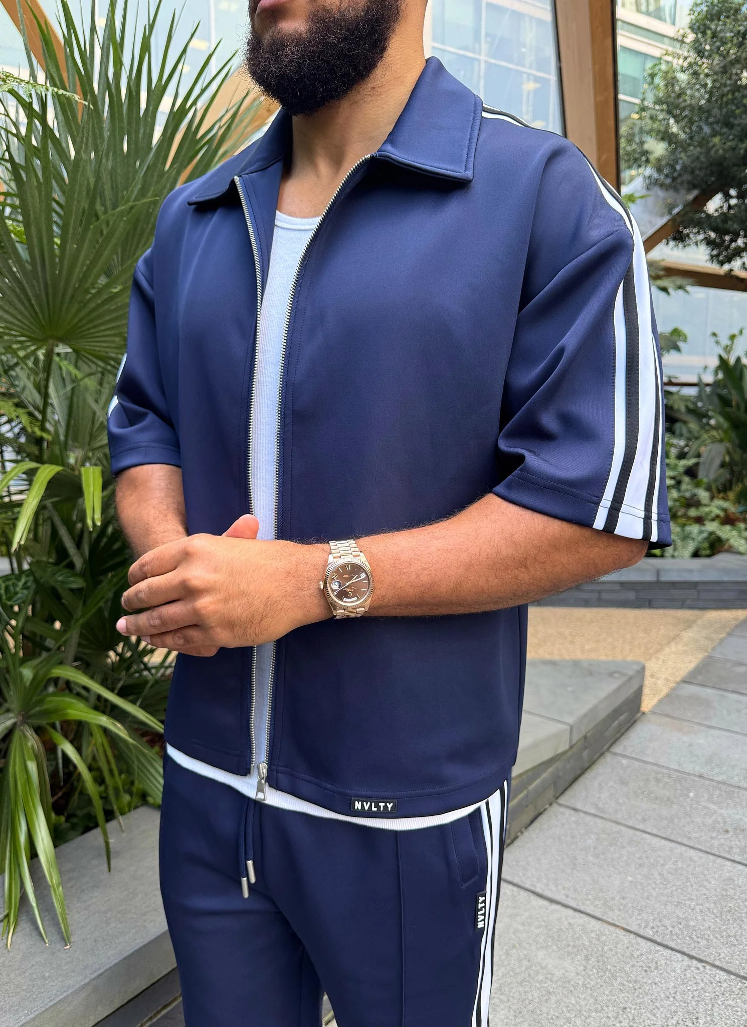 Panelled Luxe Track Shirt - Navy - Image 6