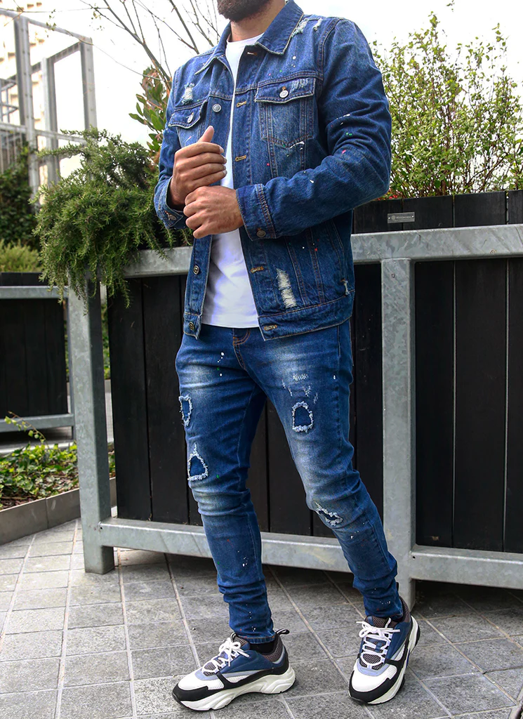 Patchwork Paint Jeans - Dark Blue - Image 10