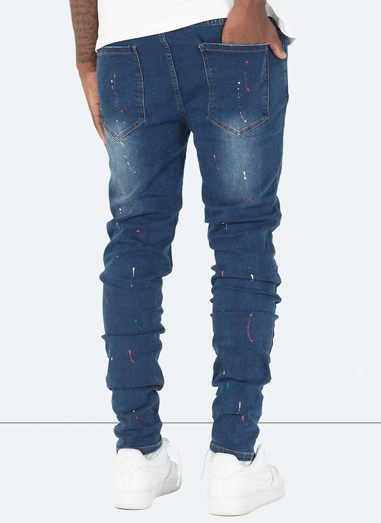 Patchwork Paint Jeans - Dark Blue - Image 4