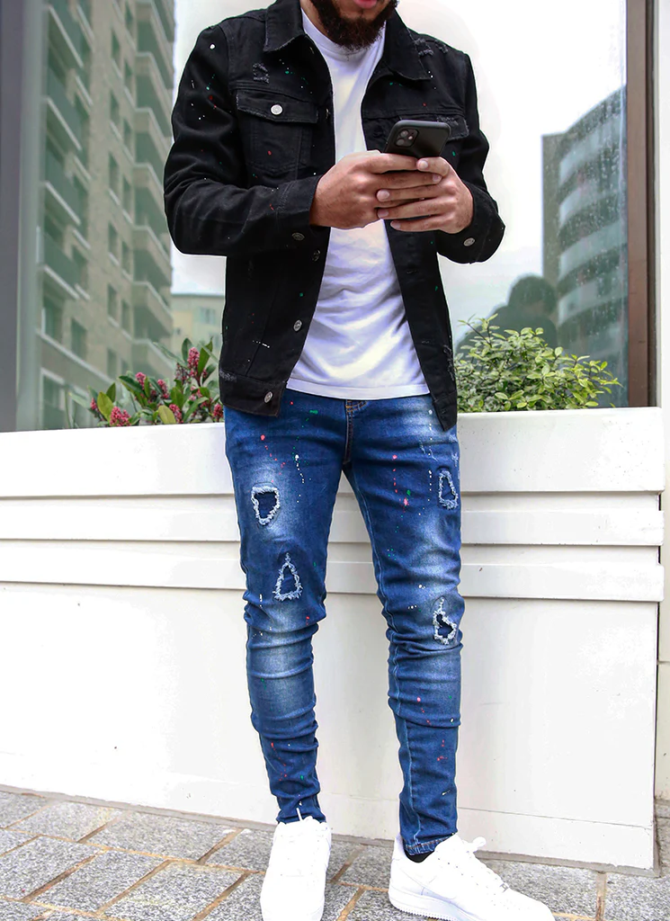 Patchwork Paint Jeans - Dark Blue - Image 5