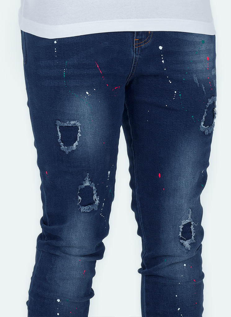 Patchwork Paint Jeans - Dark Blue - Image 7