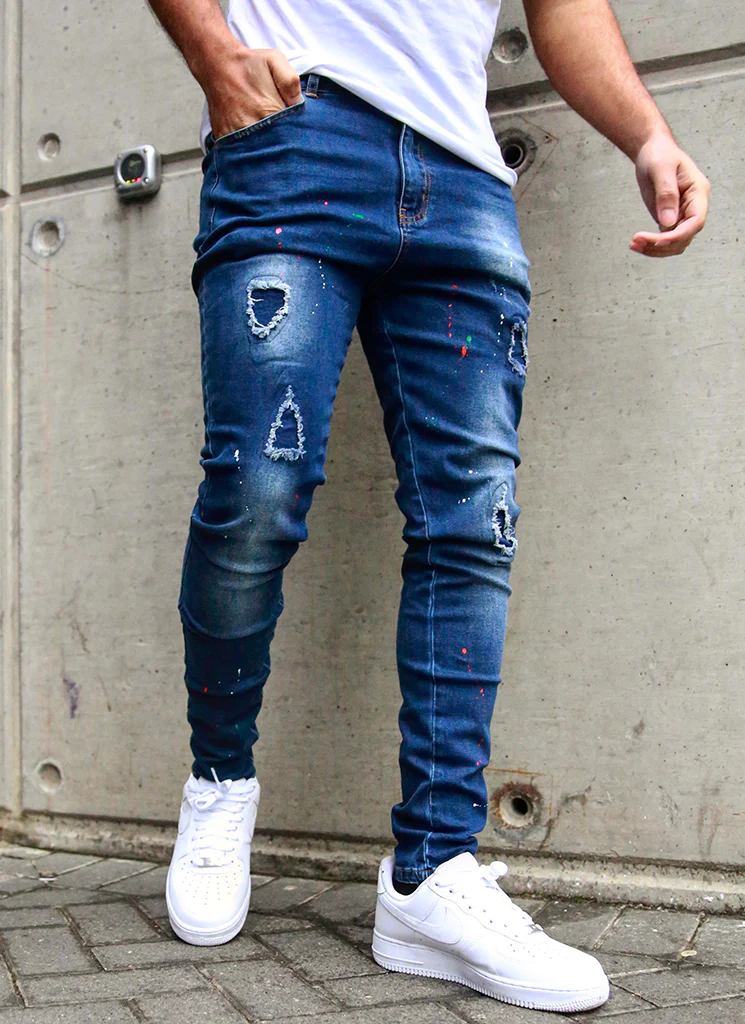 Patchwork Paint Jeans - Dark Blue - Image 9