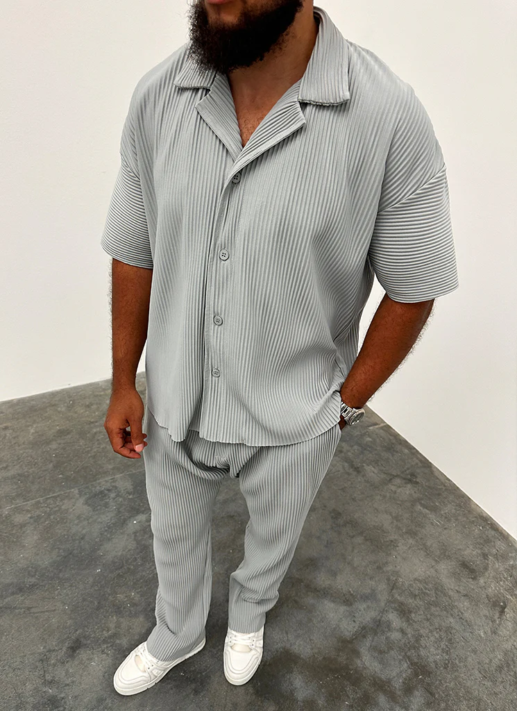 Pleated Drop Shoulder Shirt - Grey - Image 6