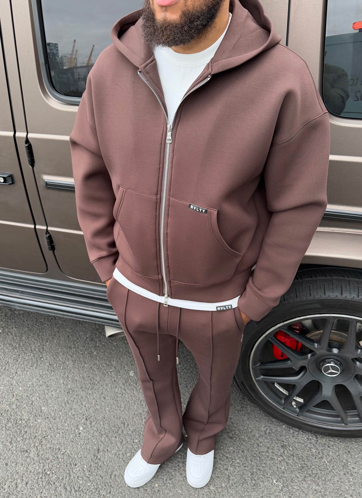 Scuba Structured Flare Pleat Joggers - Brown - Image 13