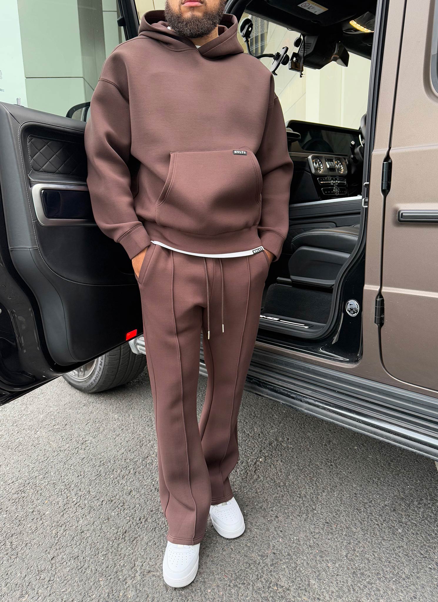 Scuba Structured Flare Pleat Joggers - Brown - Image 14